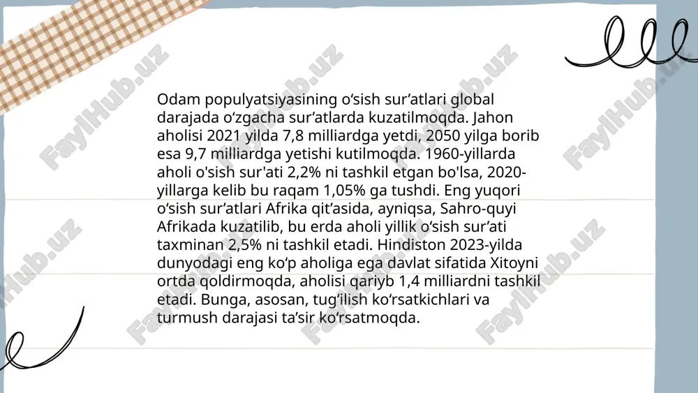 ga olib keladigan hodisadir. bu hodisa tasodifiy ishlov berish natijasida populyatsiyada ayrim allellarning yo‘qolishi yoki g‘olib chiqishi mumkin. misol uchun, kichik populyatsiyada (masalan, 10 ta individdan iborat) genetik drift sezilarli ta’sir ko‘rsatishi mumkin, chunki har bir individning allel to'plamlari populyatsiyaga katta ta’sir ko'rsatadi. natijada, allellarning xilma-xilligi kamayishi mumkin, bu esa populyatsiyaning moslashish qobiliyatiga ta’sir qiladi. genetik drift keng miqyosda evolyutsion jarayonlarga ta’sir qilsa-da, ayniqsa kichik populyatsiyalar uchun muhim ahamiyatga ega. ... t.me/slaydai_bot tabiiy tanlanish inson populatsiyalariga sezilarli ta'sir ko'rsatadi. bu jarayon orqali genetik xususiyatlar avlodlar davomida sekin-asta o'zgaradi, moslashishga olib keladi. masalan, afrika qit'asida yashaydigan insonlar orasida sickle cell anemiyasi tarqalgan bo'lib, bu genetik xususiyat malyariyaga qarshi himoya qiladi. tabiiy tanlanish orqali turli populatsiyalardagi genofond diversifikatsiyasi yuzaga keladi. 7,9 milliarddan ortiq odam yerdagi turli muhitlarga moslashib yashashda davom etmoqda. tabiiy tanlanish populyatsiyalarning kelajak evolyutsiyasini shakllantiradi, bu esa global genetik xilma-xillik, yashash sharoitlari va kasalliklarga qarshi chidamlilik darajasini belgilab beradi. ... …
