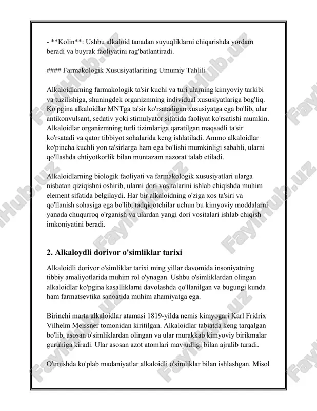 ular tarkibidagi alkaloidlar haqida ba'zi muhim ma'lumotlarni keltirib o'taman: 1. **giyohlar va ularning kimyoviy tarkibi:** - giyohlar tarkibida turli xil kimyoviy moddalar, jumladan, vitaminlar, minerallar, alkaloidlar, flavonoidlar, terpenoidlar, fenolik birikmalar va efir moylari mavjud. bu kimyoviy moddalar o'simliklarning dorivor xususiyatlariga hissasi qo'shadigan asosiy komponentlar hisoblanadi. - **minerallar:** giyohlar tarkibida ko'pincha kaltsiy, magniy, temir, fosfor va kaliy kabi minerallar mavjud bo'lib, ular inson tanasi uchun zarur. masalan, maysa o'simligi (herbae folia) tarkibida taxminan 12-15% kalsiy mavjud. - **vitaminlar:** giyohlar, shuningdek, a, c, e va k vitaminlari kabi ko'plab vitaminlarga boy. masalan, coccinia grandis o'simligida c vitamini miqdori 120 mg/100 g gacha bo'lishi mumkin. - **fenolik birikmalar:** ular antioxidativ xususiyatlarga ega bo'lib, giyohlar orqali qabul qilinganda inson sog'lig'i uchun foydali ta'sir ko'rsatadi. ba'zi o'simliklar tarkibida fenol birikmalari umumiy miqdori o'simlik massasi hisobiga 2-5% ni tashkil qiladi. 2. **alkaloidlar:** - **alkaloidlar** - asosan o'simliklarda uchraydigan azotli organik birikmalar bo'lib, ko'pincha kuchli fiziologik ta'sir …