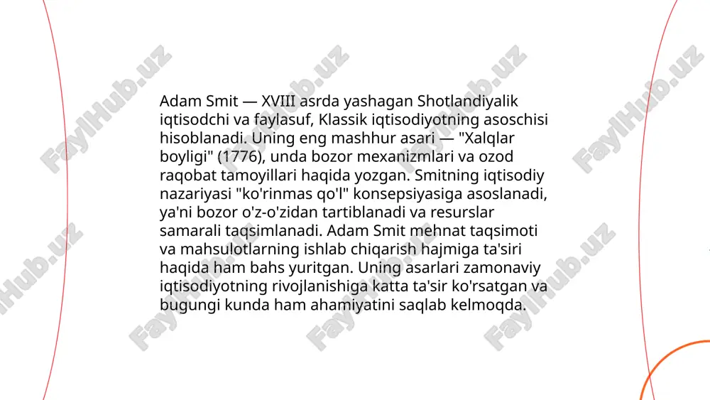 atda ishlab chiqarish xarajatlari atrofida kelishadi. klassik iqtisodiyotda bozorning o'zini-o'zi tartibga solishi kuchli ta'kidlanadi va narxlar resurslarni samarali taqsimlashda muhim rol o'ynaydi. bu vaqtda davlatning iqtisodiy faoliyatga aralashuvi minimal hisoblanadi. ... t.me/slaydai_bot klassik iqtisodiyot maktabi xvii-xix asrlarda shakllangan va asoschisi adam smit hisoblanadi. bu maktab bozor iqtisodiyoti va erkin raqobatni qo'llab-quvvatlaydi. mulkchilik huquqi esa iqtisodiy resurslar samarali taqsimlanishi va iqtisodiy o'sishni rag'batlantirishga asoslangan. klassik iqtisodiyot mulkchilik huquqini turli shaklda belgilaydi: xususiy, davlat va aralash mulkchilik. klassik iqtisodiy maktab nazariyalarida mulkchilik huquqi resurslar samaradorligini oshirish vositasi sifatida ko'riladi. ushbu nazariyalar xo'jalik yuritishning bazaviy qoidalarini shakllantirishda katta ahamiyatga ega. mulkchilik huquqi iqtisodiyotda resurslarni taqsimlashdagi asimmetriya muammolarini hal etishga yordam beradi. ... t.me/slaydai_bot 13. jamiyat farovonligi va klassik iqtisodiyot jamiyat farovonligi va klassik iqtisodiyot fani iqtisodiy resurslarni samarali taqsimlash va ishlab chiqarishni kengaytirishda jamiyatning umumiy farovonligini qanday oshirish mumkinligini o‘rganadi. klassik iqtisodiyotda adam smitning "ko‘rinmas qo‘l" nazariyasi muhim ahamiyatga ega bo‘lib, u bozorning …