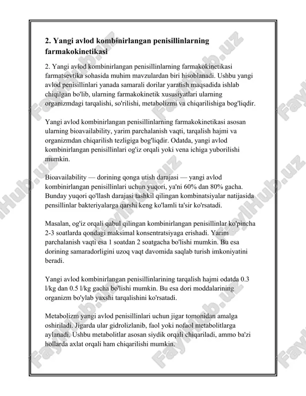 keng tarqalgan kombinatsiyalardan biridir va u ko'plab bakterial infeksiyalarni davolashda qo'llaniladi, jumladan, nafas yo'llari, siydik yo'llari, teri va yumshoq to'qima infeksiyalari. amoksitsillin keng ta'sirga ega antibiotik bo'lib, klavulanik kislota esa beta-laktamazlar bilan bog'lanib, amoksitsillinni himoya qiladi. amoksitsillin va klavulanik kislotaning turli kombinatsiyalari mavjud bo'lib, ularning dozalari odatda 250/125 mg, 500/125 mg yoki 875/125 mg shaklida berilishi mumkin. 2. **ampitsillin/sulbaktam kombinatsiyasi**: bu kombinatsiya ham tez-tez ishlatiladi. ampitsillin beta-laktam antibiotiklar turkumiga kiradi va sulbaktam uning ingibitori sifatida qo'llaniladi. ushbu kombinatsiya ko'pincha parenteral yo'l bilan yuboriladi va turli bakterial infeksiyalar uchun ishlatiladi. odatda dozalar 1/0.5 g, 2/1 g shaklida qo'llaniladi. 3. **piperatsillin/tazobaktam kombinatsiyasi**: bu kombinatsiya asosan jiddiy va murakkab infeksiyalar uchun ishlatiladi, masalan, kasalxonada davolanayotgan bemorlarda rivojlanadigan infeksiyalar. piperatsillin keng spektrli antibiotik bo'lib, tazobaktam esa uning beta-laktamaz antagonistidir. ushbu formulalar odatda 4/0.5 g dozalarda mavjud. beta-laktamaz ingibitorlarining asosiy maqsadi bakteriyalar tomonidan ishlab chiqariladigan beta-laktamaz fermentlarini ingibitsiya qilish va shu bilan antibiotiklarning bakterial hujayra …