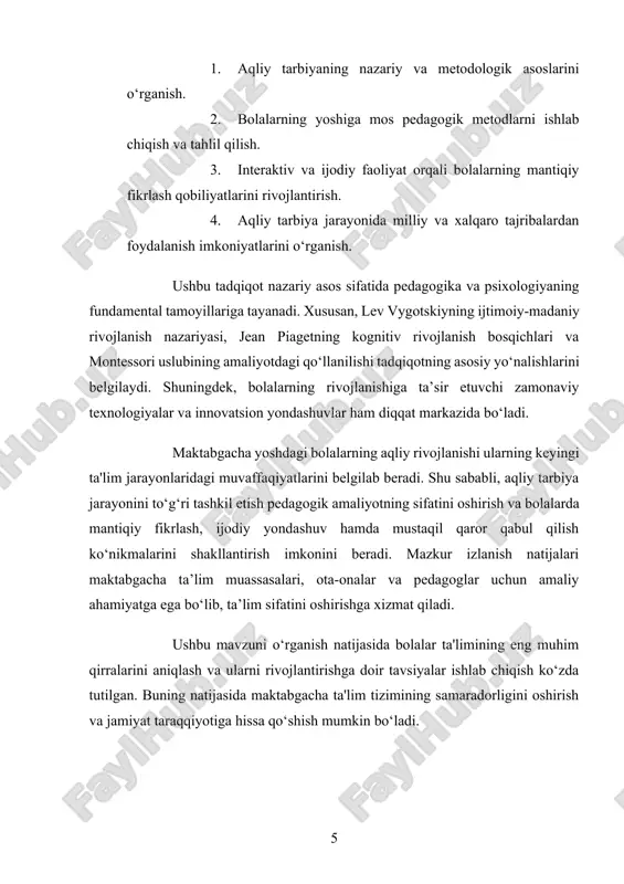 iladi. ushbu tarbiya jarayonida bolalarning o‘z bilim va tajribalarini kengaytirish, atrof-muhitni anglash, o‘z-o‘zini baholash va mustaqil qaror qabul qilish qobiliyatlarini rivojlantirishga alohida e’tibor qaratiladi. aqliy tarbiya orqali bolalar faqat o‘qitilmay, balki ular ongli faoliyatga jalb qilinadi. bu jarayon ularga fikrlarni tizimlashtirish, tushunchalarni umumlashtirish, mantiqiy aloqalarni tushunish va o‘z tasavvurlarini reallikka tatbiq etish imkonini beradi. aqliy tarbiya muloqot, tajriba va o‘yin orqali bolalarda bilimlarni ongli ravishda o‘zlashtirishni ta’minlaydi. aqliy tarbiya bolalarning yosh xususiyatlari va individual ehtiyojlarini hisobga olgan holda tashkil qilinadi. bu jarayonda pedagoglar va ota-onalar birgalikda ishlashi muhimdir, chunki bolalar faqat ta’lim muassasalarida emas, balki oilada ham intellektual rivojlanishga yo‘naltirilishi zarur. bolalar o‘z faoliyatida savollar berishga, muhokama qilishga va natijalar chiqarishga o‘rganadilar. ushbu jarayon turli metod va vositalar bilan boyitiladi. masalan, hikoyalar, ijodiy mashg‘ulotlar, mantiqiy topshiriqlar, qumli va suvli o‘yinlar, maxsus konstruktiv o‘yinlar va texnologik vositalardan foydalanish orqali bolalarning ongini rivojlantirish imkoniyatlari yaratiladi. aqliy tarbiya nafaqat bilim olishga, balki bolalarning …