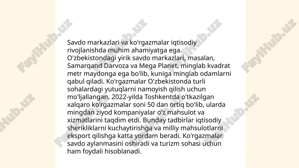 sektorining 10% o‘sishini ko‘rsatadi. textile, oziq-ovqat va elektronika chakana bozorida eng faol segmentlar hisoblanadi. respublika bo‘yicha jami 100 mingdan ortiq chakana savdo nuqtalari mavjud bo‘lib, ularning aksariyati toshkent va unga yaqin hududlarda joylashgan. ... t.me/slaydai_bot 12. raqamli savdo infratuzilmasi o‘zbekiston uchun muhim ahamiyatga ega bo‘lib, so‘nggi yillarda sezilarli darajada rivojlanmoqda. 2023 yil holatiga ko‘ra, mamlakatda 60% internetga ulanish mavjud bo‘lib, undan ko‘p foydalanuvchi elektron tijorat xizmatlaridan foydalanmoqda. mobil to‘lovlar soni 2022 yilda 30% ga o‘sdi. o‘zbekistonda raqamli to‘lov platformalari orqali amalga oshiriladigan savdolar hajmi 5 milliard aqsh dollaridan oshdi. 2023 yil davomida yirik investitsiyalar natijasida yangi internet tarmog‘i infratuzilmalari yaratilmoqda, bu esa savdo ekotizimini yanada rivojlantiradi. har oyda internet orqali xaridlar soni o‘rtacha 15% ga ortib bormoqda. bozor infratuzilmasi va uning unsurlari baxronov alisher e'tiboringiz uchun raxmat! image1.png image2.png image3.png image4.jfif image5.jpg image6.jfif image7.jfif image8.jpg