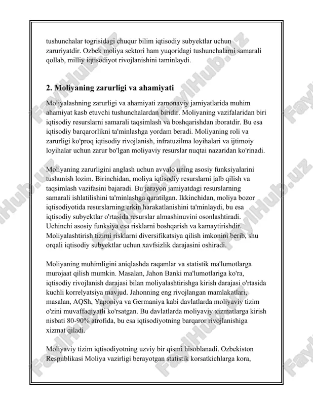 ni modernizatsiya qilish orqali amalga oshiriladi. o'zbekistonda 2022-yilda to'g'ridan-to'g'ri xorijiy investitsiyalar hajmi 9,3 milliard aqsh dollariga yetdi, bu resurslarni samarali taqsimlash orqali iqtisodiyotga katta tasir korsatdi. 2. risklarni boshqarish: moliyaviy vazifalarning yana biri risklarni aniqlash va ularni boshqarishdan iborat. bu, sug'urta kompaniyalari, xedj fondlari va boshqa moliyaviy institutlar yordamida amalga oshiriladi. 2021-yilda global sug'urta bozorining hajmi 6,29 trillion aqsh dollarini tashkil etdi. sug'urta kompaniyalarining daromadlari va faoliyati, risklarni kamaytirishda muhim omillardir. 3. transaktsiyalarni amalga oshirish: moliyani transaktsiyalarni amalga oshirish, ya'ni to'lovlarni amalga oshirish va qabul qilish jarayonlarini samaraliroq qilish uchun asosiy vositalardan biri hisoblanadi. bu jarayonni banklar, to'lov tizimlari, elektron pul yechimlari orqali amalga oshirish mumkin. 2020-yilning malumotlariga ko'ra, o'zbekistonda naqd pulsiz to'lovlarning umumiy hajmi 55 trillion so'mni tashkil etdi. 4. iqtisodiy o'sishni taminlash: moliyani iqtisodiy o'sishni qo'llab-quvvatlashda muhim omil hisoblanadi. bu kapitalning to'planishi, ishlab chiqarish hajmining oshishi va yangi ish o'rinlarining yaratilishi orqali amalga oshiriladi. o'zbekistonda yaim o'sish sur'ati …