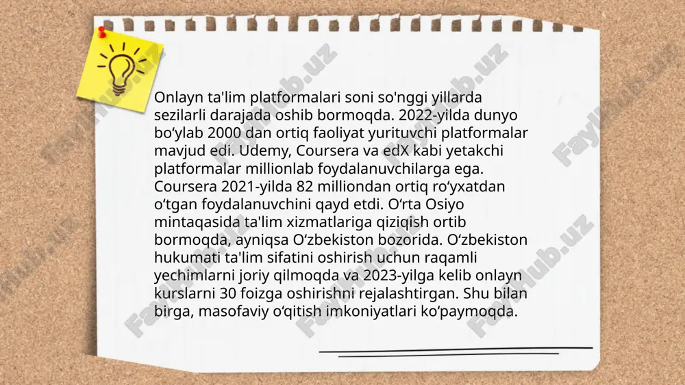 viy ta'lim so‘nggi yillarda katta o‘sishga erishdi. o‘zbekiston milliy universiteti va toshkent axborot texnologiyalari universiteti kabi oliy o‘quv yurtlari edyuton platformasidan foydalanmoqda. 2023-yilda platformada taxminan 10 mingdan ortiq student dars olmoqda. onlayn kurslar va vebinarlar orqali 50 dan ortiq fandan ta'lim olish imkoni mavjud. edyuton platformasi orqali masofadan ta’lim olish 40% gacha arzon bo‘lishi mumkin. platforma o'quvchilar bilan virtual aloqani yaxshilash uchun har oyda yangilanadi va yangi funksiyalar qo'shiladi. bu orqali talabalarga zamonaviy va qulay ta'lim olish imkoniyati yaratilmoqda. edyuton kontseptsiyasi media abduvohidova fotima baxtiyor qizi e'tiboringiz uchun raxmat! image1.jpg image2.png image3.jpg image4.jfif image5.jpg image6.png image7.jpg image8.png