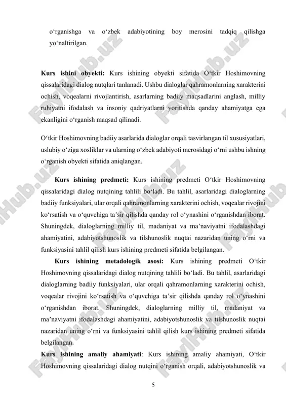rlarining tahlilini o‘rganishda yordam beradi. bu, shuningdek, adabiyotshunoslik bo‘yicha o‘quv dasturlarini yaratishda asos bo‘lishi mumkin. madaniy merosni saqlash: oʻtkir hoshimovning asarlaridagi dialoglar, o‘zbek xalqining ma’naviy qadriyatlari va turmush tarzini aks ettirganligi sababli, bu ish madaniy merosni o‘rganish va saqlashga hissa qo‘shadi. shu tariqa, kurs ishining amaliy ahamiyati, nafaqat adabiyotshunoslik, tilshunoslik, balki badiiy ijod va ta’lim sohalarida ham sezilarli foyda keltiradi. i bob. o‘tkir hoshimov qissalarida dialog nutqining xususiyatlari 1.1. o‘tkir hoshimovning ijodiy faoliyati va asarlarining umumiy ta’rifi o‘tkir hoshimov — o‘zbek adabiyotining eng mashhur va salmoqli yozuvchilaridan biridir. uning ijodiy faoliyati uzoq yillarni qamrab olib, o‘zbek xalqining ruhiy olamini, turmush tarzini va ijtimoiy hayotini badiiy tasvirlashda muhim o‘rin tutadi. hoshimovning asarlarida xalqning yurtga, millatga bo‘lgan sadoqati, insoniy qadriyatlar, axloqiy savodlilik va bir-biriga bo‘lgan hurmat temalari o‘zgacha tarzda yoritilgan. o‘tkir hoshimovning ijodi o‘zining badiiy yuksakligi bilan ajralib turadi. u o‘z asarlarida xalq tilidan, hayotdan, oddiy odamlarning kundalik hayotidan olingan hikoyalar orqali …