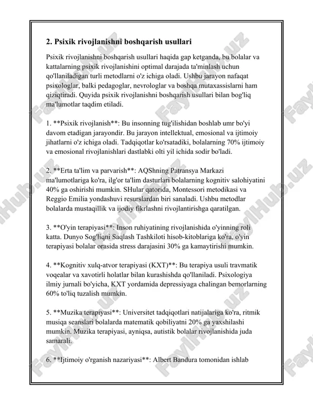ordam beradi. tadqiqotlar shuni ko'rsatadiki, sportchilarning 90% gacha vizualizatsiyadan o'z maqsadlariga erishishda foydalangan. 4. **ko'nikmalarni rivojlantirish treninglari**: ushbu mashqlar insonlarning ma'lum bir sohada ko'nikmalarini rivojlantirishga qaratilgan. misol uchun, muloqot ko'nikmalarini oshirish kurslari. aholining 65% i bunday treninglardan keyin muloqotda ishonchlilik darajasi oshganini bildirgan. 5. **emotsional intellekt (eq) tajribalari**: emotsional intellektni rivojlantirish mashqlari orqali insonlar o'z his-tuyg'ularini yaxshiroq anglab, nazorat qilishni o'rganadilar. bunday mashqlarda qatnashganlarning 75% dan ortig'i o'z munosabatlarini yaxshilagan. 6. **ijodkorlikni rivojlantirish**: ijodkorlik mashqlarining maqsadi insonning ilmu-fankorlik va innovatsion fikrlash qobiliyatlarini oshirishdir. bunday mashqlarda qatnashganlarning 60% dan ko'prog'i ijodkorlik darajasining oshganini his qilishgan. 7. **mindfulness (hushyorlik) mashqlari**: hushyorlik texnikalari orqali insonlar o'z hozirgi lahzada bo'lishni va ongli ravishda fikrlashni o'rganadilar. tadqiqotlar ushbu texnikalarni qo'llaganlarning 85% gacha stress darajasi kamayganini ko'rsatadi. 8. **qurilish mavjud mashqlari**: bu usul insonning o'ziga ishonch darajasini oshirib, maqsadlarga erishish motivatsiyasini kuchaytiradi. 70% dan ortiq ishtirokchilar bunday mashqlardan so'ng o'z hayotlariga ko'proq maqsadli yondashishni boshlagan. 9. …
