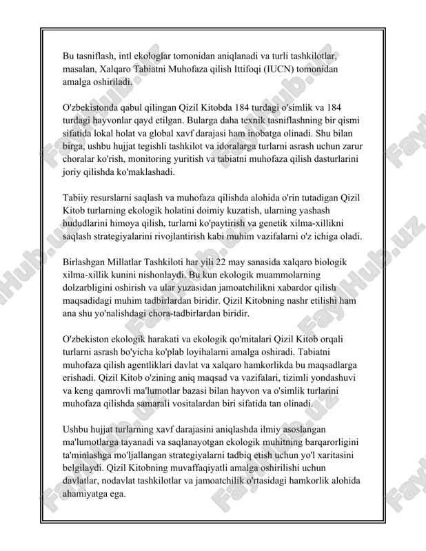 chun, kaliforniya kondorisi hozirda 500 dan kam soniga ega. dengiz hayoti ham o'z navbatida xavf ostida. koral riflar yo'qolishi dengiz diversitetiga tahdid solmoqda. misol tariqasida, po'lat baliqlari va dengiz toshbaqalari kabilarni ko'rsatish mumkin. dengiz toshbaqalari turlari orasida yashil toshbaqa yo'qolib ketish xavfi ostida bo'lib, 2023 yilda faqat bir necha ming bosh qoldi. sudraluvchilar turlarining ham 21% yo'qolish xavfi ostida. zaharli ilonlar va timsohlar bu turkumdagi hayvonlarning muhim qismini tashkil etadi. masalan, gavava taboutasha timsohining soni 200 dan kam bo'lganligi ma'lum. amfibiyalar eng katta xavf ostida boʻlgan guruhdir, chunki ularning 41% yoʻqolish xavfi ostida. xitoyli gigant salamandra kabi ba'zi amfibiyalar turlari tabiiy xususiyatlarini yo'qotmoqda. bu turni tabiatda 50 dan kam boshda uchratish mumkin. yo'qolib ketayotgan hayvon turlarining soni ortib bormoqda, bu esa global ekologik mustahkamlik va biologik xilma-xillik uchun katta xavf tug'diradi. yo'qolib ketishning oldini olish uchun muhofaza qilish choralarini kuchaytirish lozim. biologik xilma-xillikni saqlashda xalqaro hamkorlik, milliy siyosatlar va mahalliy …