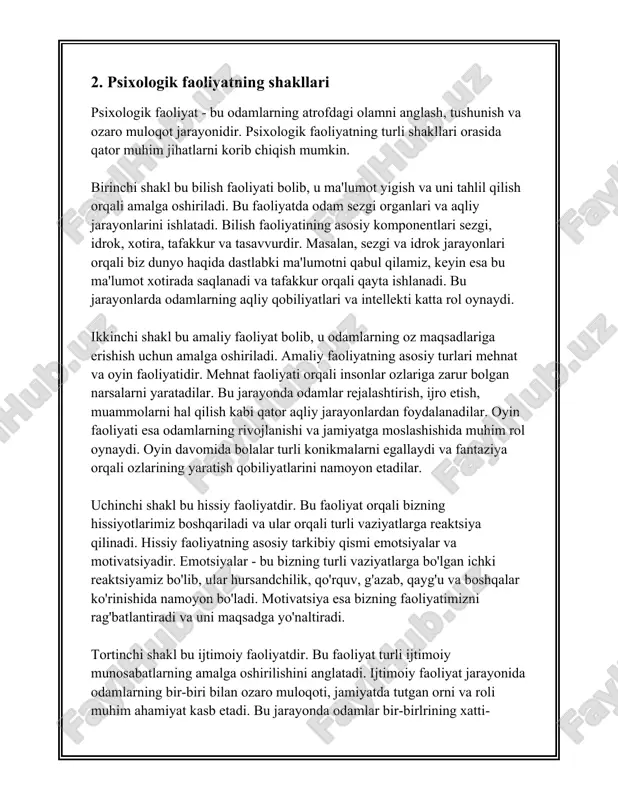 olatlarini anglash va boshqarish qobiliyatlarini o'rganadilar. 3. ruhiy salomatlik (psixopatologiya): bu soha insonlarning ruhiy salomatligiga ta'sir qiluvchi omillarni o'rganishga qaratilgan. turli xil ruhiy kasalliklar va ularning paydo bo'lish sabablari, belgilari va davolash usullari bu yo'nalishning muhim tadqiqot mavzularidir. stress, depressiya, bipolar buzilishlar, shizofreniya kabi ko'plab xavflarni bartaraf etishda bu sohaning yutuqlari juda muhimdir. statistik ma'lumotlarga ko'ra, har yili millionlab insonlar dunyo bo'ylab turli xil ruhiy buzilishlardan aziyat chekadilar. 4. ijtimoiy psixologiya: bu soha insonlarning jamiyatdagi xulq-atvori va ijtimoiy munosabatlarini o'rganadi. ijtimoiy psixologiya orqali insonlar o'rtasidagi aloqa, guruh dinamikasi, stigmatizatsiya, konformizm va boshqa ijtimoiy jarayonlarni tushunish mumkin. ushbu sohadagi ilmiy tadqiqotlar ijtimoiy muammolarni hal qilishda yordam beradi va insonlar o'rtasidagi o'zaro munosabatlarni yaxshilashga qaratilgan. masalan, qo'rqitish, kamsitish va ijtimoiy bosim kabi mavzular bu yo'nalishda keng o'rganiladi. 5. rivojlanish psixologiyasi: insonning butun hayot davomida o'tkazadigan rivojlanish jarayonlarini o'rganadi. bu sohada chaqaloqlik, bolalik, yoshlik, kattalik va qariyalik davrlaridagi psixologik o'zgarishlar tahlil qilinadi. genlar …