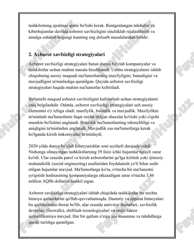 umotlarni shifrlashning ba'zi mashhur usullari haqida batafsil ma'lumot beriladi: 1. **simmetrik kalit shifrlashi**: bu usulda bir xil kalit ma'lumotlarni shifrlash va deshifrlash uchun ishlatiladi. simmetrik kalit algoritmlarining misollariga aes (advanced encryption standard), des (data encryption standard), va triple des kiradi. aes eng mashhur hisoblanib, turli uzunlikdagi kalitlar bilan ishlaydi: 128-bit, 192-bit, va 256-bit. 2. **asimmetrik kalit shifrlashi**: asimmetrik shifrlashda ikkita turli kalit ishlatiladi: ochiq kalit va yopiq kalit. bu ikki kalit matematik aloqada bo'lsa-da, biri ikkinchisini oshkor qilmaydi. rsa (rivest-shamir-adleman) algoritmi eng keng tarqalgan asimmetrik shifrlash usullaridan biridir. ushbu usulda uzun kalitlar ishlatiladi, masalan, 2048-bitli kalitlar, bu xavfsizlikni oshiradi. 3. **hmac va mac (message authentication code)**: bu usullar ma'lumotlar yaxlitligi va autentifikatsiyasini ta'minlash uchun ishlatiladi. hmac (hash-based message authentication code) hash funktsiyalariga asoslanadi va xabarlar uchun autentifikatsiya kodi yaratadi. bu ko'plab umumiy shifrlash protokollarida, jumladan, tls (transport layer security) va ipsec-da qo'llaniladi. 4. **xashing**: xash funksiyalari ma'lumotlarni keskin qisqartirish uchun …