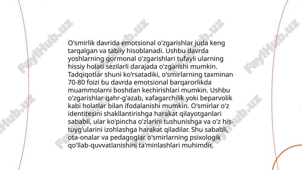 qabul qilish va muammoni hal qilish qobiliyatlarini rivojlantirish muhim ahamiyatga ega, bu esa kelajakda ularning muvaffaqiyatli yetakchi va foydali fuqarolar bo'lishiga yordam beradi. ... t.me/slaydai_bot o'smirlik davrida xavfli hatti-harakatlar ko'pincha 12-18 yosh orasida kuzatiladi. statistikaga ko'ra, bu yosh guruhida spirtli ichimlik iste'moli va chekish xavfi 30% dan oshadi. jahon sog'liqni saqlash tashkiloti ma'lumotlariga ko'ra, har yili 1,3 million o'smir avtohalokatlar va suiqasd tufayli hayotdan ko'z yumadi. shu yosh davrida jinoyatga qo'l urish hollari ham ko'payadi, bu esa jamiyatda qo'rquv va xavotir uyg'otadi. tadqiqotlar shuni ko'rsatadiki, ijtimoiy qo'llab-quvvatlash va ta'lim xavfli hatti-harakatlarni kamaytirishga yordam beradi. o'smirlar o'rtasida ruhiy kasalliklar tezligi 20-25% atrofida, bu xavfli hatti-harakatlar ehtimolini oshirishi mumkin. o’smirlik davrining psixologik xususiyatlari. talaba: azimova nazokat e'tiboringiz uchun raxmat! image1.png image2.png image3.png image4.jfif image5.png image6.jfif image7.jfif image8.jpg