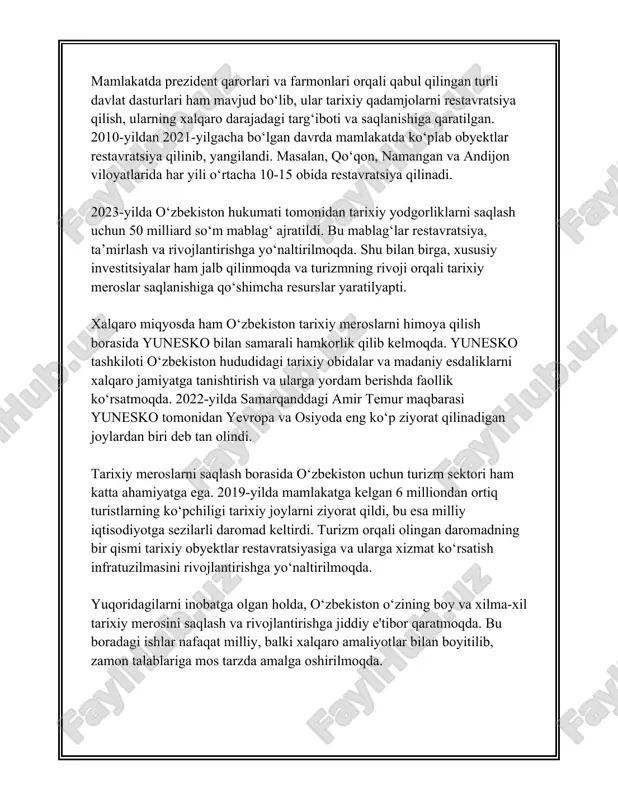liard so'm ajratildi. shuningdek, 2020 yilga qadar 100 dan ortiq yodgorlik to'liq ta'mirlandi. statistik ma'lumotlarga asoslaniladigan bo'lsak, o'zbekistonda madaniy meros obyektlariga tashrif buyuruvchilar soni yildan-yilga ortib bormoqda. 2019 yilda madaniy yodgorliklarga umumiy tashrif buyurganlar soni 2 milliondan oshdi. bu esa chet ellik sayyohlarning o'zbekistonning boy madaniy merosi bilan tanishishga bo'lgan qiziqishining oshib borayotganini ko'rsatadi. bundan tashqari, 2017 yildan buyon o'zbekistonda "madaniyat va san'at forumi" tashkiloti faoliyat ko'rsatmoqda. ushbu forum madaniy merosni saqlash va uni targ'ib qilish, yoshlarni madaniy me'ros bilan yaqindan tanishtirish hamda xalqaro hamkorlikni rivojlantirish maqsadida ish olib bormoqda. forum tomonidan 2020-2023 yillarda 50 dan ortiq xalqaro konferensiya va seminarlar tashkil etildi. madaniy merosning avlodlarga etkazilishi masalasida oav (ommaviy axborot vositalari) ham katta ahamiyatga ega. milliy telekanallar va radiolarda ko'plab madaniy-ma'rifiy ko'rsatuvlar efirga uzatiladi va bu orqali keng jamoatchilik madaniy meros haqida ko'proq bilib olishga imkon yaratadi. xulosa qilib aytganda, madaniy merosning avlodlarga etkazilishi o'zbekiston uchun juda muhim vazifalardan …