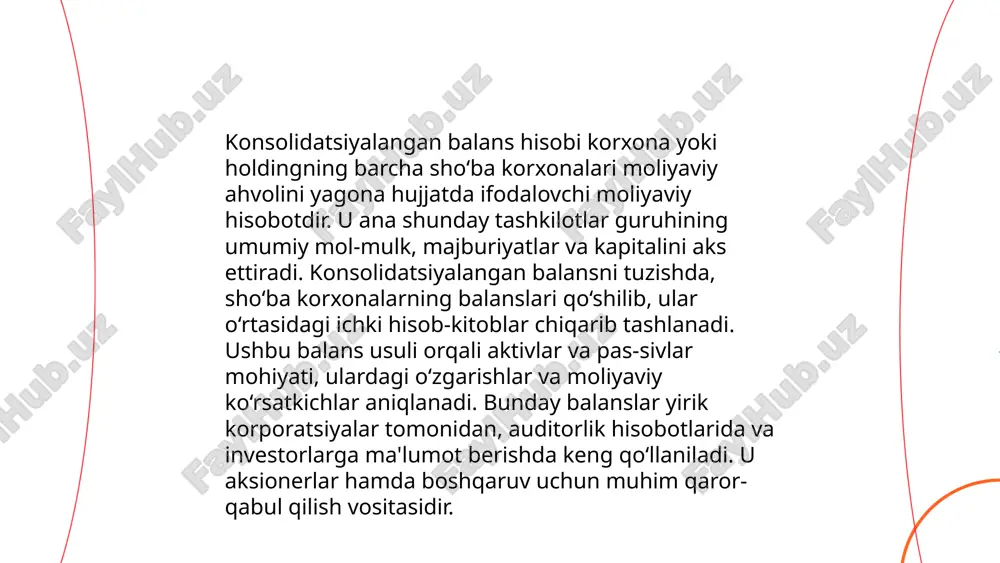 hi dasturlari biznes va moliya sohasida muhim o‘rin tutadi. ular buxgalteriya hisobini avtomatlashtirish, xarajatlarni kuzatish va hisobotlarni tayyorlash imkoniyatini beradi. hisobchi dasturlari ko‘pincha ko‘p foydalanuvchilarga xizmat ko‘rsatadi, bu esa jamoaviy ish uchun qulaydir. quickbooks, xero, va sage kabi dasturlar eng mashhurlari hisoblanadi. ushbu dasturlar foydalanuvchilariga ma'lumotlarni real vaqtda yangilash, soliqlarni avtomatik hisoblash, va moliyaviy tahlillarni o‘tkazish imkonini beradi. zamonaviy hisobchi dasturlari odatda oblako texnologiyasidan foydalangan holda ishlab chiqiladi, bu esa ularning kirish va xavfsizlik darajasini oshiradi. hisobchi dasturlari biznes samaradorligini oshirishga yordam beradi. moliyaviy holat to'g'risidagi hisobotni konsolidatsiyalash farminov xusan accp 502 guruh e'tiboringiz uchun raxmat! image1.png image2.png image3.png image4.jfif image5.png image6.jpg image7.jfif image8.jfif