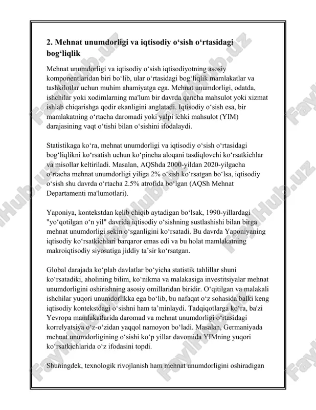 i, bu esa tibbiy xizmat ko'rsatish unumdorligini oshiradi. 2019 yilda global telemeditsina bozori hajmi 45,5 milliard dollarga baholangan bo'lsa, 2026 yilga kelib bu ko'rsatkich 175,5 milliard dollarga yetishi kutilmoqda. texnologik innovatsiyalar aloqa sohasida ham samaradorlikni oshirishda muhim o'rin tutadi. 5g texnologiyasining joriy etilishi internet tezligini sezilarli darajada oshiradi. ericsson kompaniyasining prognozlariga ko'ra, 2025 yilga kelib, dunyo bo'ylab 5g obuna soni 2,6 milliardga yetadi, bu esa raqamli kommunikatsiya sohasida yangi me'yorlarni belgilaydi. bank sektori ham texnologik innovatsiyalardan chetda qolmaydi. fintech kompaniyalari tomonidan taqdim etilayotgan raqamli to'lov tizimlari mehnat unumdorligini oshiradi. 2020 yilda global raqamli to'lovlar bozori hajmi 5,44 trillion dollarga baholangan; bu ko'rsatkich 2027 yilga kelib 10,52 trillion dollarga yetishi kutilyapti. tijorat sohasidagi texnologik taraqqiyot, ayniqsa elektron savdo orqali sezilarli o'sish kuzatilyapti. 2020 yilda elektron savdo hajmi 4,28 trillion dollarga yetgan bo'lsa, bu ko'rsatkich 2024 yilga kelib 6,38 trillion dollarga yetishi kutilmoqda. bularning barchasi shuni ko'rsatadiki, texnologik innovatsiyalar mehnat samaradorligini oshirishda …