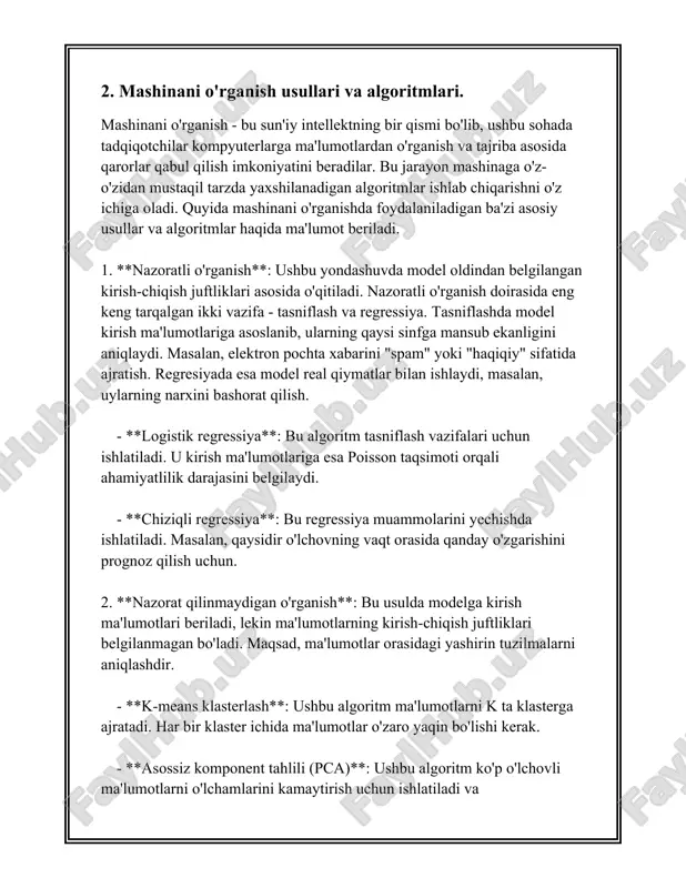 a algoritmlar texnologiya rivojlanishini jadallashtirishda markaziy ahamiyatga ega. ular turli sohalarda, jumladan, tibbiyot, moliya, marketing va ko'plab boshqa sohalarda muvaffaqiyatli ravishda qo'llanilib kelinmoqda. shu orqali korxonalar o'z ish jarayonlarini optimallashtirish, foydalanuvchilarga xizmatni shaxsiylashtirish va yangi imkoniyatlarni kashf etish imkoniyatiga ega bo'lmoqda. 3. ma'lumotlarni tahlil qilish usullari. albatta, quyida "ma'lumotlarni tahlil qilish usullari" mavzusi bo'yicha batafsil ma'lumotlarni taqdim etaman. ### ma'lumotlarni tahlil qilish usullari ma'lumotlarni tahlil qilish statistika, ma'lumotlar konikmasi va algoritmlar yordamida ma'lumotlardan foydali axborotni chiqish jarayonidir. quyida ma'lumotlarni tahlil qilishning ba'zi asosiy usullari bilan tanishamiz. 1. **deskriptiv statistik usullar** deskriptiv statistika ma'lumotni yig'ish, tavsiflash va tartiblash orqali o'ziga xos tasvirni beradi. uni qo'llash orqali umumiy tasavvurlar hosil qilinadi. misollar: - o'rtacha qiymat (mean) - median - mod - variatsiya (variance) - standart og'ish (standard deviation) - tarqatish diagrammalari (distribution plots) - gistogrammalar (histograms) 2. **inferensial tahlil usullari** inferensial statistika ma'lumotlar to'plamidan taxminiy xulosalar chiqarish uchun qo'llaniladi. bu usulda sifatli …