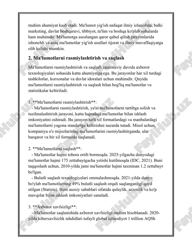 igabit per second) tezlikka ega. - **optik tolali kabel:** uzun masofalarga yuqori tezlikda ma'lumot uzatish uchun alternativ sifatida optik tolalar ishlatiladi. bunday kabel orqali uzatish tezligi terabit darajasiga (1 tbps va undan yuqori) yetishi mumkin. 2. **simsiz aloqa texnologiyalari:** - **wi-fi:** uy va kichik ofis tarmoqlarida keng tarqalgan. wi-fi 6 standarti 9.6 gbps'lik tezlikka qodir va oldingi standartlardan samaraliroq energiya iste'mol qiladi. - **bluetooth:** shaxsiy hudud tarmoqlari uchun ishlatiladi. hozirgi bluetooth 5.2 spesifikatsiyasi 2 mbpsgacha tezlikni taklif qiladi. - **uyali aloqa (mobil tarmoqlar):** 4g lte texnologiyasi 100 mbps dan 1 gbpsgacha tezlikni qo'llab-quvvatlaydi. so'nggi 5g tarmoqlari esa teorik jihatdan 10 gbps tezlikka yetishi mumkin. 3. **sun'iy yo'ldosh aloqa texnologiyalari:** - sun'iy yo'ldosh orqali ma'lumot uzatish katta masofalar va qiyin landshaftlar osha aloqa o'rnatish uchun qo'llaniladi. bu orqali tezliklar qit'alararo sifatida, o'rtacha 100 mbpsgacha yetishi mumkin. 4. **ma'lumot uzatish protokollari:** - **tcp/ip (transmission control protocol/internet protocol):** internet va boshqa tarmoqlarda ma'lumot …