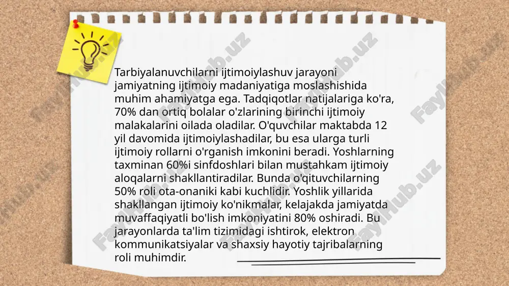ishlar muhim o'rin tutadi. do'stlik bolalarda ijtimoiy ko'nikmalarni rivojlantiradi va o'zaro hurmatni oshiradi. o'zbekiston maktablarida 80% o'quvchilar turli guruh loyihalarida ishtirok etadi. jamoaviy ishlar orqali tarbiyalanuvchilar fikrlash qobiliyatlarini 30% ga oshirishi mumkin. shu bilan birga, 65% o'quvchilarda do'stlik munosabatlari ijobiy ta'sir ko'rsatadi. jamoaviy mashg'ulotlarda qatnashgan bolalar kelajakda ishchi jamoalarida muvaffaqiyatga erishish ehtimoli 50% yuqori. statistik ma'lumotlarga ko'ra, o'quvchilar do'stlik munosabatlari mustahkam bo'lganida, ularning akademik ko'rsatkichlari 20-30% yaxshilanadi. ... t.me/slaydai_bot 12. mehribonlik uyidagi tarbiyalanuvchilar uchun san'at va musiqaning ahamiyati katta. tadqiqotlar shuni ko'rsatadiki, san'at va musiqaga jalb qilish hissiy va ijtimoiy ko'nikmalarni rivojlantirishda yordam beradi. masalan, musiqa mashg'ulotlari o'quvchilarning matematik qobiliyatlarini 15% ga yaxshilashi mumkin. san'at terapiyasi esa stressni kamaytirib, o'z-o'zini ifodalashni 40% ga oshirishi aniqlandi. 12. mehribonlik uyidagi bolalar uchun bunday faoliyatlar aqliy va hissiy rivojlanishni yengillashtiradi va ularni jamiyatga yaxshiroq integratsiya qilish imkoniyatini beradi. shu tariqa, san'at va musiqa, tarbiyalanuvchilar hayotida muhim o'rin tutadi. ... t.me/slaydai_bot 13. tarbiyalanuvchilarni sog'lom …