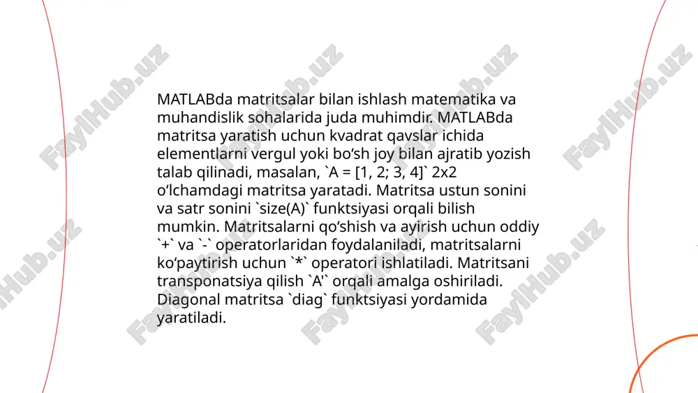 ida foydalanuvchilar matematik hisob-kitoblar, statistik tahlillar, signal va tasvirlarni qayta ishlash kabi vazifalarni bajarishlari mumkin. mathworks tomonidan taqdim etilgan bu kutubxonalar orasida symbolic math toolbox, image processing toolbox, signal processing toolbox va control system toolbox kabilar mavjud. har bir yuklangan kutubxona o'ziga xos funksiyalarga ega bo'lib, dasturchilarni kerakli hisoblash jarayonlarini soddalashtirishda qo'llab-quvvatlaydi. matlab kutubxonalari foydalanuvchilarga kod yozishni tezlashtirish va samaradorligini oshirish imkonini beradi. ... t.me/slaydai_bot 13. matlabda signalni qayta ishlash matlab - bu muhandislar va olimlar tomonidan keng qo'llaniladigan dasturiy vosita bo'lib, signalni qayta ishlash uchun juda foydali hisoblanadi. signalni qayta ishlashda matlab dastlabki tahlil va modellashtirish imkoniyatlarini taqdim etadi. dasturga kiritilgan signal processing toolbox bilan foydalanuvchilar signallarni filtrlash, fourier transformatsiyalari, vaqt-qatorli tahlillar kabi bir qator vazifalarni bajarishi mumkin. matlabda signalni qayta ishlash jarayonlari odatda mintakatlar, chastotalar yoki amplitudalar bo'yicha amalga oshiriladi. discrete fourier transform (dft) va fast fourier transform (fft) matlabda chastota tahlili uchun keng qo'llaniladi. foydalanuvchilar ko'pincha raqamli …