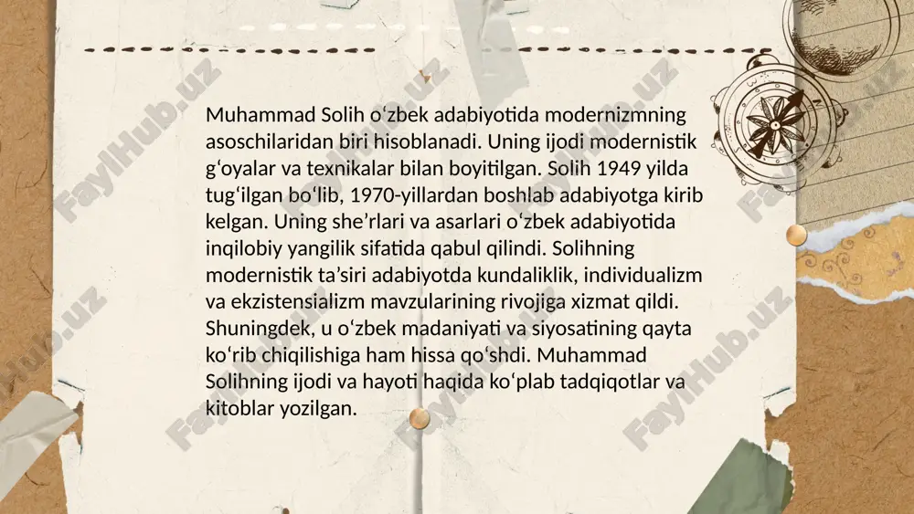 muhammad solihning oʻzbek adabiyoti tarixida tutkan.pptx - Page 5