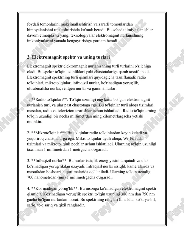 a ham asosiy o'rinni egallaydi. ular orqali musiqa, yangiliklar va boshqa axborotlarni tinglash imkoni mavjud. 2021-yilgi ma'lumotlarga ko'ra, aqshda 244 million kishi radio tinglaydi. bu esa radio orqali tarqatiladigan kontentning ahamiyati va keng qamrovini ko'rsatadi. shuningdek, televideniya sohasida radioto'lqinlar signallarni tarqatish uchun ishlatiladi. yerusti antennalari va sun'iy yo'ldoshlar orqali telekanallar radioto'lqinlar yordamida uzatiladi. masalan, dvb-t2 texnologiyasi yerdan televideniya uzatish uchun 470 mhz dan 862 mhz gacha bo'lgan chastotalardan foydalanadi. gps tizimi ham radioto'lqinlar orqali ishlaydi. gps sun'iy yo'ldoshlari yerni aylanuvchi yo'ldoshlardan radioto'lqinlar orqali signal yuboradi va qabul qiluvchi qurilmalar orqali manzilni aniqlay oladi. ushbu texnologiya bilan hozirgi kunda butun dunyo bo'ylab yo'l harakati va logistikani yaxshilashda foydalaniladi. masalan, hozirgi vaqtda dunyoda taxminan 4 milliarddan ortiq gps qurilmalari ishlatilmoqda. radioto'lqinlar tibbiyot sohasida ham katta imkoniyatlarga ega. masalan, mri (magnetik rezonans tasvirlash) texnologiyasi radioto'lqinlarni ishlatadi. ushbu usul magnit maydon va radioto'lqinlar yordamida ichki organlarning tasvirini olish imkonini beradi. har yili millionlab mri …