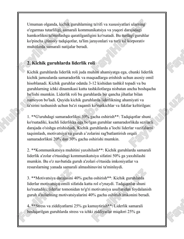 ishini bildirgan. 4. **jamoaviy ko'nikmalar**: guruh a'zolari o'rtasidagi kommunikatsiya jarayonlari samarali amalga oshirilishi uchun muhim ko'nikmalardan biri faol tinglashdir. tadqiqotlar shuni ko'rsatadiki, faol tinglash 60% hollarda tushunmovchiliklarni kamroq keltirib chiqaradi. 5. **teskari aloqa va ta'sir**: teskari aloqa jarayonlari muvaffaqiyatli guruh ishining ajralmas qismlaridan biri hisoblanadi. 75% boshqaruvchilar teskari aloqa vositalarining joriy qilingani samaradorlikni oshirishini tasdiqlagan. 6. **madaniy va ijtimoiy omillar**: madaniy xilma-xillik guruh ichidagi kommunikatsiya strategiyalarini shakllantirishda katta rol o'ynaydi. xalqaro jamoalarda qilingan tadqiqotlar 45% hollarda madaniy farqlar jamoaviy kommunikatsiyada muammolar yuzaga keltirganini aniqlagan. 7. **maqsadni aniqlash va roli taqsimoti**: kommunikatsiya jarayonlari muvaffaqiyatli bo'lishi uchun guruh a'zolari o'rtasida aniq maqsadlar va rollar bo'lishi muhimdir. 2021 yilgi ma'lumotlarga ko'ra, aniq vazifalar belgilangan jamoalarda samaradorlik 30% ga oshgan. 8. **muammolarni hal qilish qobiliyati**: jamoa o'rtasidagi kommunikatsiya yomonlashganda, muammolarni yechish qobiliyati ahamiyat kasb etadi. 50% hollarda, yaxshi muloqot muammolarning oldini olishda samarali yordam bergan. 9. **fikr almashinuvi platformalari**: onlayn forumlar va anjuman platformalari …