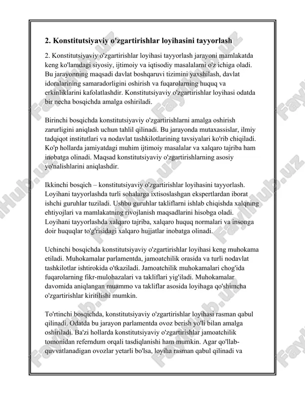 . loyihani o'rganish uchun maxsus qo'mitalarga topshiriladi. - **ikkinchi o'qish:** loyihaning detallari va moddalarini batafsil muhokama qilish kiradi. bu bosqichda qo'shimchalar va o'zgartirishlar kiritilishi mumkin. - **uchinchi o'qish:** yakuniy tahrir va qabul qilish jarayoni amalga oshiriladi. muhim masalalarga doir o'zgartirishlar kiritiladi va tajziyadan o'tkaziladi. 3. **parlamentda ishlash tartibi:** oliy majlisda o'zgarishlar muhokama qilinishi uchun bir qancha qo'mitalar faoliyat olib boradi, ular muayyan sohalarga ixtisoslashgan. masalan, qonunchilik va saylov qo'mitasi, byudjet va iqtisodiy islohotlar qo'mitasi, ta'lim, fan, madaniyat va sport qo'mitasi. 4. **raqamlar bo'yicha tahlil:** parlamentda ko'rib chiqiladigan qonun loyihalari va boshqa hujjatlar o'zgarishlar kiritilish jarayonida har bir qo'mita tomonidan taxminan 200-300 ta yig'ilish o'tkaziladi. har bir yilda o'rtacha 100-150 ta yangi qonun qabul qilinadi yoki amaldagi huquqiy hujjatlarga o'zgartirishlar kiritiladi. 5. **muhokama davomiyligi:** o'zgarishlarning mohiyatiga qarab, parlamentda muhokama va tasdiqlash jarayoni har bir bosqichda bir necha haftadan bir necha oygacha davom etishi mumkin. masalan, agar qonun loyihasi jamoatchilik va iqtisodiyot …