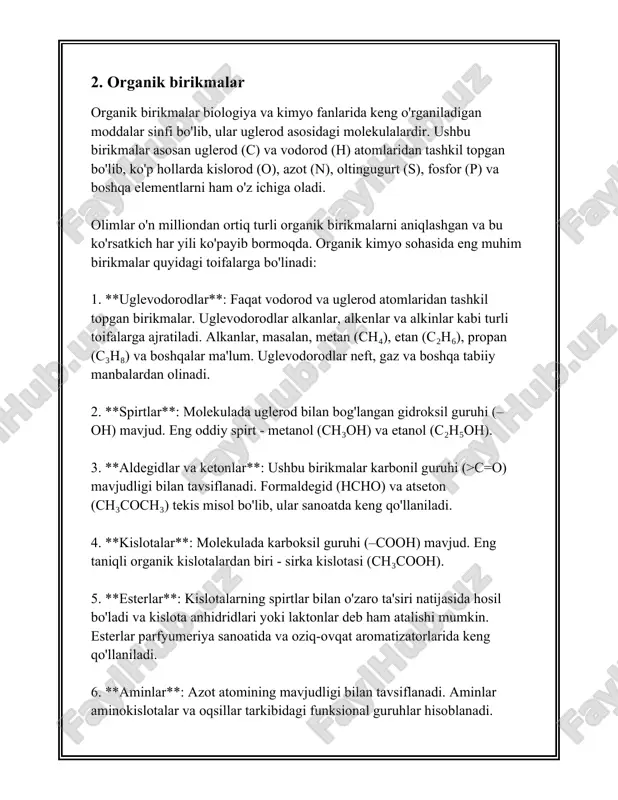 ishlab chiqarishda asosiy manbalardan hisoblanadi. shu bilan birga, kalsiy oksid (cao), yoki odatda lime deb ataladigan modda, qurilish materiallari ishlab chiqarishda ishlatiladi. gazsimon anorganik birikmalarga kelsak, uglerod dioksid (co2), ammiak (nh3), va vodorod sulfid (h2s) kabi gazlar muhim rol o'ynaydi. uglerod dioksid atmosferada topiladi va o'simliklar tomonidan fotosintez jarayonida foydalaniladi. ammiak esa o'g'itlar sanoati uchun muhim xomashyo bo'lib, har yili millionlab tonna miqdorda ishlab chiqariladi. anorganik birikmalar suvda eriymanligi bilan ajralib turadi. masalan, natriy xlorid (nacl), yoki oddiy tuz, suvda eriydi va natriy (na+) va xlor (cl-) ionlariga bo'linadi. bu xususiyat ko'plab tuzlarning eritma holatida turli reaksiyalarda faol ishtirok etishiga imkon beradi. ba'zi anorganik moddalarning suvda erimaydigan qismi esa ularning o'ziga xos xossalaridan biri hisoblanadi. yana bir qiziqarli jihat, ba'zi anorganik birikmalar katta issiqlik quvvatiga ega. masalan, metall gidroksidlar reaktsiyalari ko'p hollarda ekzotermik bo'lib, ya'ni tashqi muhitga issiqlik chiqaradi. anorganik birikmalar kimyoviy sanoat uchun juda muhim bo'lib, har bir anorganik …