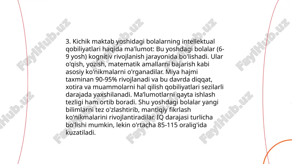 aydai_bot 11. kichik maktab yoshidagi bolalarda shaxsiyatning shakllanishi davomida bolaning kognitiv, emotsional va ijtimoiy rivojlanishi muhim ahamiyatga ega. bu yoshda, taxminan 6-10 yosh oralig‘ida, bolalar o‘z-o‘zini idrok etishni o‘rganadi va atrof-muhit bilan o‘zaro ta’sir orqali shaxsiy fazilatlar shakllanadi. akademik faoliyat va o‘yinlar orqali mustaqillik, mas’uliyat, va hamkorlik kabi sifatlar rivojlanadi. tadqiqotlar ko‘rsatadi-ki, bolalarning shaxsiyatning rivojlanishi ularning oilaviy muhit, ta’lim tizimi va ijtimoiy muloqotlarga bog‘liq. ushbu davrda ota-onalar va o‘qituvchilarning qanday munosabatda bo‘lishi bolalarning o‘ziga bo‘lgan ishonchi va boshqalar bilan muloqot strategiyalariga ta’sir qiladi. ... t.me/slaydai_bot kichik maktab yoshidagi bolalarda ijodkorlikni rivojlantirish muhim, chunki bu yoshda bolalar aqliy va hissiy rivojlanishda jadal o'sish davrini boshdan kechiradilar. ilmiy tadqiqotlar shuni ko'rsatadiki, ijodkorlikni qo'llab-quvvatlaydigan muhitda o'sgan bolalar muammolarni hal qilishda 35% samaraliroq bo'ladi. shu bilan birga, ijodiy faoliyat bilan shug'ullangan bolalar orasida ijtimoiy harakatlanish va muloqot qilish qobiliyati 25% yuqori bo'ladi. shart-sharoit yaratish, ijodkor o'yinlar va san'at yo'naltirilgan dasturlardan foydalanish ham ularda qiziqishni …