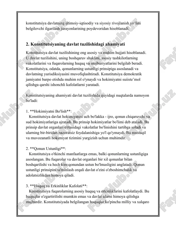ojlanishi va jahon hamjamiyatidagi obro'sini mustahkamlashda muhim omil hisoblanadi. 3. konstitutsiyaning huquqiy ustunligi 3. konstitutsiyaning huquqiy ustunligi juda muhim mavzu bo‘lib, u davlatning huquqiy tizimida konstitutsiyaning qanday o‘rinni egallashini ko‘rsatib beradi. konstitutsiya davlatning asosiy qonuni hisoblanadi va unda davlatning asosiy huquqiy tamoyillari, fuqarolarning huquqlari va erkinliklari, davlat boshqaruv tizimi hamda boshqa ko‘plab masalalar belgilangan. konstitutsiyaning huquqiy ustunligi bir necha elementlarga ega. birinchidan, konstitutsiya barcha qonunlar, qarorlar va boshqa normativ-huquqiy hujjatlar uchun asos bo‘ladi. boshqacha aytganda, konstitutsiyaga zid bo‘lgan hech bir hujjat yoki qaror qabul qilinishi yoki amalga oshirilishi mumkin emas. bunga misol sifatida o‘zbekiston respublikasining konstitutsiyasini keltirish mumkin. o‘zbekiston konstitutsiyasi 1992-yil 8-dekabrda qabul qilingan va u davlatning huquqiy tizimida eng yuqori kuchga ega hujjat hisoblanadi. ikkinchidan, konstitutsiyaviy nazorat mavjud bo‘lib, u konstitutsiyaga zid bo‘lgan normativ-huquqiy hujjatlarni bekor qilish imkoniyatini beradi. o‘zbekiston konstitutsiyasi 16-bo‘lim, 108-moddasiga muvofiq, o‘zbekiston respublikasi konstitutsiyaviy sudi konstitutsiyaviy nazoratni amalga oshiradi. konstitutsiyaning huquqiy ustunligini ta’minlashda konstitutsiyaviy sud muhim …