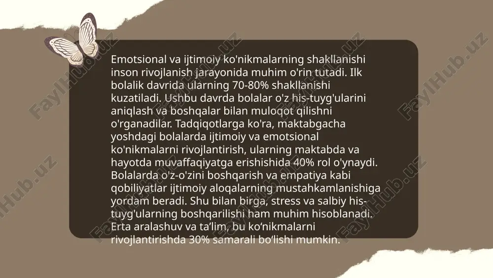 i. o‘zbekiston ta’lim tizimida ham tanqidiy fikrlash ko‘nikmalarini rivojlantirishga e’tibor qaratilmoqda, chunki bu ko‘nikmalar bolalarning mustaqil fikrlashini va ijodkorligini oshiradi. tadqiqotlar ko‘rsatmoqdaki, tanqidiy fikr yuritishga asoslangan ta’lim dasturlari o‘quvchilarni kelajakda muvaffaqiyatli bo‘lishlariga 30% ko‘proq yordam beradi. kichik maktab yoshi davrida psixik rivojlanish davrlari talaba: shahrizoda a'zamova e'tiboringiz uchun raxmat! image1.png image2.png image3.png image4.jpg image5.png image6.jfif image7.jpg image8.jpg