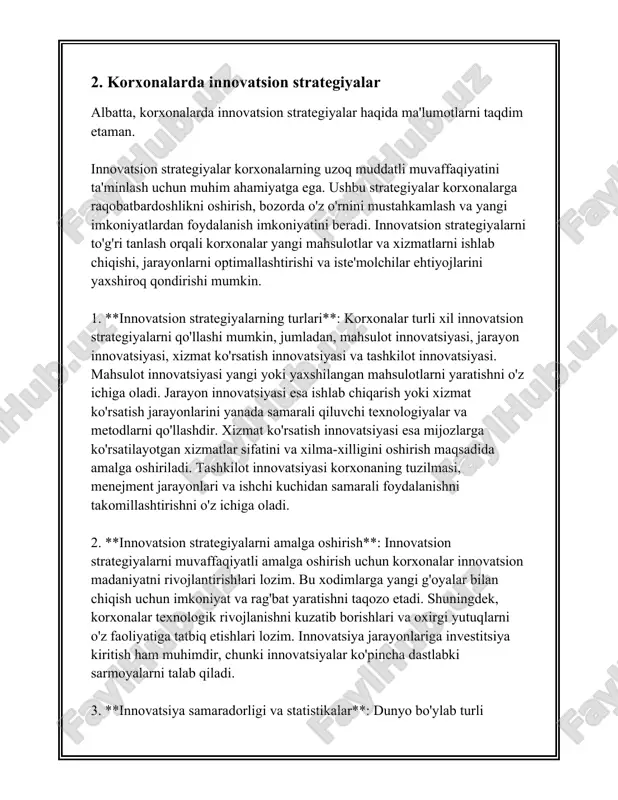 rmalarning faqatgina 10-15 foizi muntazam ravishda yangi g'oyalar yaratish masalasiga e'tibor qaratadi. iloji bo'lsa, bu bosqichda bozordagi ehtiyoj va talablar aniqlanadi, chunki bozor tadqiqoti natijalariga qarab, g'oyaning qanchalik muvaffaqiyatli bo'lishi taxmin qilinadi. 2. g'oya darajasi: g'oya darajasida 60-80 foiz g'oyalar prototip bosqichiga yetmasdan rad etiladi. bu bosqichda esa texnik imkoniyatlar va iqtisodiy samaradorlik baholanadi. bunda texnik hujjatlar tayyorlanadi, xarajatlar va foyda hisoblanadi. 3. rivojlanish va loyiha amaliyoti: loyiha amaliyotiga o'tishda, joriy etiladigan inovatsiyaning dastlabki sinovlari va prototiplari yaratiladi. kompaniyalarning 30-40 foizi loyiha bosqichida o'zlashtiradigan mablag'laridan qoniqmaydi, chunki bu bosqichda texnik va iqtisodiy muammolar paydo bo'lishi mumkin. 4. bozorga kirish: loyiha muvaffaqiyatli amalga oshirilganidan so'ng, yangi mahsulot yoki xizmat bozorga chiqariladi. statistik ma'lumotlarga ko'ra, yangi mahsulotlarning 20-30 foizi bozorga kiritilgandan so'ng birinchi yilda muvaffaqiyatsizlikka uchraydi. shu sababli, bu bosqichda mahsulot marketing strategiyasi juda muhim rol o'ynaydi. 5. izchil rivojlanish va innovatsion tahlil: oxirgi bosqichda mahsulot yoki xizmatning bozorga qanday kiritilgani va …