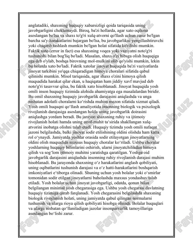di. shu bilan birga, yoshlar orasida sog‘lom ijtimoiy muhitni shakllantirish uchun huquqiy targ‘ibot ishlarini olib borish zarur. bu jarayonda ota-onalar, o‘qituvchilar va boshqa jamiyat a‘zolarining o‘rni muhimdir. huquqiy tizimda yosh jinoyatchilar uchun maxsus choralar va jazolar belgilangan. ushbu choralar yoshlarni jinoyatchilikdan uzoqlashtirish va ularni jamiyatga foydali shaxs sifatida shakllantirishga qaratilgan. yosh jinoyatchilar uchun jazolar odatda tarbiyaviy xarakterga ega bo‘lib, ularning ruhiy va ijtimoiy rivojlanishiga yordam beradi. masalan, yosh jinoyatchilar uchun qamoq jazosi o‘rniga muqobil choralar, jumladan, tarbiyaviy dasturlar, ijtimoiy ishlar yoki shartli jazolar qo‘llaniladi. yosh jinoyatchilarni tarbiyalashda ularning individual xususiyatlarini hisobga olish muhimdir. bu jarayonda yosh jinoyatchining ruhiy holati, uning ijtimoiy muhitdagi o‘rni va o‘z harakatlariga nisbatan javobgarlik hissi o‘rganiladi. ushbu ma’lumotlar asosida yosh jinoyatchilar uchun maxsus dasturlar ishlab chiqiladi. bu dasturlar yoshlarni jinoyatchilikdan qaytarish va ularni jamiyatga moslashtirishga yo‘naltirilgan. yoshga oid jinoyatchilikni o‘rganishda motivlarning o‘rni katta ahamiyatga ega. yosh jinoyatchilar ko‘pincha o‘z harakatlarini shaxsiy manfaatlarni qondirish yoki atrof-muhit ta‘sirida …