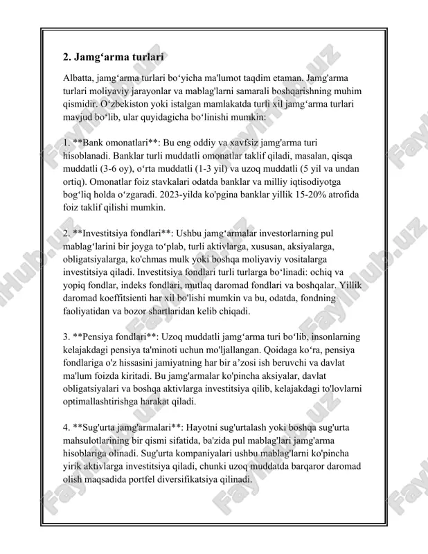 i jamgʻarmalar ijtimoiy sohalarni rivojlantirishga yo'naltiriladi. o'zbekistonning ijtimoiy rivojlanish jamgʻarmasi masalan, ta'lim va sog'liqni saqlash tizimlarini rivojlantirishga zaxira mablag'larini yo'naltiradi. ushbu jamgʻarmacilarning asosiy vazifalaridan biri jamiyatning zaif qatlamlariga yordam berishdir. 3. **infratuzilma loyihalari**: infrastrukturaning mustahkamlanishi va yaxshilanishi uchun jamgʻarmalar tashkil etiladi. misol uchun, o'zbekiston davlat yo'l jamgʻarmasi mavjud bo'lib, bu jamgʻarma mamlakatning yo'l va transport infratuzilmasini yaxshilashga xizmat qiladi. bu jamgʻarma orqali yo'llarni ta'mirlash, yangi yo'llar qurish va boshqa transport vositalarini yangilash kabi loyihalar moliyalanadi. 4. **tabiiy resurslarni asrash va yashil energiya**: ba'zi jamgʻarmalar ekologik barqarorlikni ta'minlash maqsadida tuziladi. misol uchun, gidromet jamgʻarmasi o'zbekistonda ekologik muammolarni bartaraf etishga qaratilgan loyihalarni qo'llab-quvvatlaydi. u suv resurslarini saqlash va qayta tiklanadigan energiya manbalarini rivojlantirish maqsadida faoliyat olib boradi. 5. **innovatsiyalar va texnologik taraqqiyot**: o'ta muhim sohalardan biri sifatida innovatsiyalar va texnologik taraqqiyotga e'tibor qaratiladi. o'zbekiston innovatsiya jamgʻarmasi bu borada muhim rol o'ynaydi. ushbu jamgʻarma ilmiy izlanishlar va yangi texnologiyalarni ishlab chiqish uchun grantlar …