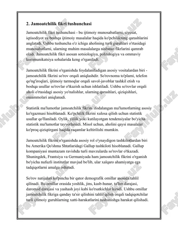 daromadlari jamoatchilik nuqtai nazarini shakllantiruvchi muhim omillar qatoriga kiradi. o'zbekiston respublikasi mehnat va bandlik vazirligi ma'lumotlariga ko'ra, 2021 yilda mamlakatdagi ishsizlik darajasi 10,5% ni tashkil etgan. ushbu ko'rsatkich so'nggi yillarda jamoatchilik fikriga sezilarli ta'sir ko'rsatgan. shuningdek, siyosiy omillar, hukumat qarorlari, siyosiy partiyalar harakati va saylovlar jamoatchilik fikriga bevosita ta'sir o'tkazadi. 2019 yilda o'tkazilgan o'zbekiston respublikasi prezidenti saylovlarida umumiy saylovchilarning 87,7% i ishtirok etgan. saylovlar oldidan va ulardan keyin o'tkazilgan so'rovlar tirigan ommaviy axborot vositalarining turli mavzulardagi ta'sirini yaqqol ko'rsatdi. diniy va madaniy omillar ham jamoatchilik fikrining shakllanishida o'z aksini topadi. o'zbekistonda 2020 yilda o'tkazilgan so'rov ma'lumotlariga ko'ra, aholining 94% i musulmonlar, jumladan islom dini asosiy e'tiqod sifatida qabul qilinadi. diniy va madaniy qadriyatlar orasidagi muvozanat jamoatchilik fikri shakllanishining muhim qismi hisoblanadi. sosiologlar va psixologlar jamoatchilik fikrining shakllanish jarayonini o'rganish uchun so'rovlar va tahlillardan faol foydalanishadi. o'zbekiston sosiologik tadqiqotlar markazi muntazam ravishda aholining turli sohalarda fikrlarini o'rganish uchun so'rovnoma o'tkazadi. masalan, …