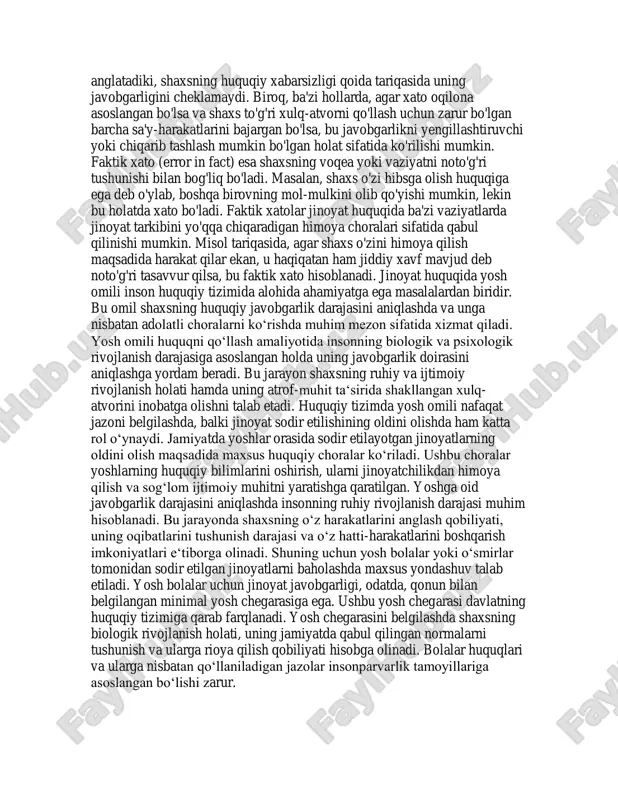 adi. shu bilan birga, yoshlar orasida sog‘lom ijtimoiy muhitni shakllantirish uchun huquqiy targ‘ibot ishlarini olib borish zarur. bu jarayonda ota-onalar, o‘qituvchilar va boshqa jamiyat a‘zolarining o‘rni muhimdir. huquqiy tizimda yosh jinoyatchilar uchun maxsus choralar va jazolar belgilangan. ushbu choralar yoshlarni jinoyatchilikdan uzoqlashtirish va ularni jamiyatga foydali shaxs sifatida shakllantirishga qaratilgan. yosh jinoyatchilar uchun jazolar odatda tarbiyaviy xarakterga ega bo‘lib, ularning ruhiy va ijtimoiy rivojlanishiga yordam beradi. masalan, yosh jinoyatchilar uchun qamoq jazosi o‘rniga muqobil choralar, jumladan, tarbiyaviy dasturlar, ijtimoiy ishlar yoki shartli jazolar qo‘llaniladi. yosh jinoyatchilarni tarbiyalashda ularning individual xususiyatlarini hisobga olish muhimdir. bu jarayonda yosh jinoyatchining ruhiy holati, uning ijtimoiy muhitdagi o‘rni va o‘z harakatlariga nisbatan javobgarlik hissi o‘rganiladi. ushbu ma’lumotlar asosida yosh jinoyatchilar uchun maxsus dasturlar ishlab chiqiladi. bu dasturlar yoshlarni jinoyatchilikdan qaytarish va ularni jamiyatga moslashtirishga yo‘naltirilgan. yoshga oid jinoyatchilikni o‘rganishda motivlarning o‘rni katta ahamiyatga ega. yosh jinoyatchilar ko‘pincha o‘z harakatlarini shaxsiy manfaatlarni qondirish yoki atrof-muhit ta‘sirida …