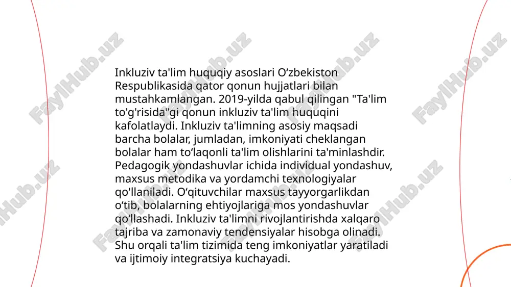 malakasini oshirishga e'tibor berilib, so'nggi yillarda 2000 dan ortiq pedagoglar maxsus treninglar o'tkazib kelmoqda. inkluziv ta'limning imkoniyatlari, o'quvchilarning ijodkorligini oshirish hamda ijtimoiy integratsiyani yaxshilash kabi jihatlar bilan bog'liq. ... t.me/slaydai_bot ta'limda maxsus texnologiyalar talabalarning o'quv jarayonini yengillashtirish va samaradorligini oshirish uchun qo'llaniladi. masalan, interaktiv ta'lim platformalari o'quvchilarning ishtirokini 30% ga oshirishi mumkin. o'zbekiston ta'lim muassasalarida raqamli laboratoriyalar, virtual simulyatsiyalar va elektron o'quv qo'llanmalar keng joriy qilinmoqda. tadqiqotlar shuni ko'rsatadiki, raqamli vositalar orqali o'rganishda talabalarning bilim darajasi 25-40% gacha ko'tarilishi mumkin. maxsus texnologiyalar individual ta'lim yo'lini tanlashda ham yordam beradi, bu esa har bir o'quvchiga moslashtirilgan o'qitishni ta'minlaydi. 2023 yilga kelib, o'zbekistonda ta'lim texnologiyalari bozori 15% ga o'sishi kutilmoqda. ... t.me/slaydai_bot ijtimoiy va pedagogik reabilitatsiya usullari asosan nogironligi yoki muayyan o'ziga xos ehtiyojlarga ega bo'lgan bolalar va kattalar uchun qo'llaniladi. bu usullar jamiyatga moslashish va shaxsiy rivojlanishga ko'maklashadi. ijtimoiy reabilitatsiya oilaviy, guruhiy va jamoatchilikni jalb etuvchi faoliyatlarni o'z ichiga oladi. pedagogik …