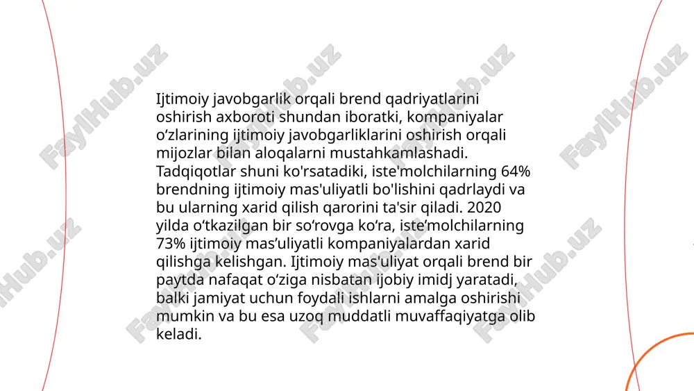 rivojlanishga va jamiyatga ijobiy hissa qo'shishga undaydi. statistikaga ko'ra, ijtimoiy javobgarlikni o'z strategiyalariga kiritgan kompaniyalar darajasi 75% ga oshgan. bunday strategiyalar odatda atrof-muhitni himoya qilish, xodimlarni qo'llab-quvvatlash va mahalliy jamoalarni rivojlantirishga qaratilgan. masalan, tadqiqotlarga ko'ra, ekologik tashabbuslarni joriy etgan kichik bizneslar energiya iste'molini 20% ga kamaytirishi mumkin. xodimlarning malakasini oshirish va jamoaviy loyihalar uchun o'qishga sarflangan mablag' 10% ga o'sgan. shu kabi moslashtirilgan strategiyalar kichik bizneslarni ijtimoiy mas'uliyatli qiladi. ... t.me/slaydai_bot ijtimoiy javobgarlik sarmoyadorlar uchun juda muhim, chunki bu kompaniyaning obro'sini oshiradi va investorlar uchun barqaror daromad imkoniyatlarini yaratadi. masalan, mckinsey kompaniyasining tadqiqoti shuni ko'rsatdiki, ijtimoiy mas'uliyatli kompaniyalar 63% investitsiya jalb qilish ehtimolini oshiradi. bunday yondashuv nafaqat ijtimoiy va ekologik omillarga e'tibor qaratish imkonini beradi, balki mablag'ni to'g'ri joylashtirishga ham yordam beradi. msci tadqiqotlariga ko'ra, ijtimoiy javobgarlik dasturiga ega kompaniyalar aksiyadorlik qiymatini 18% ga ko'paytirishi mumkin. natijada, bu sarmoyadorlar uchun riskni kamaytiradi va uzoq muddatli muvaffaqiyatga erishish imkonini beradi. ijtimoiy …