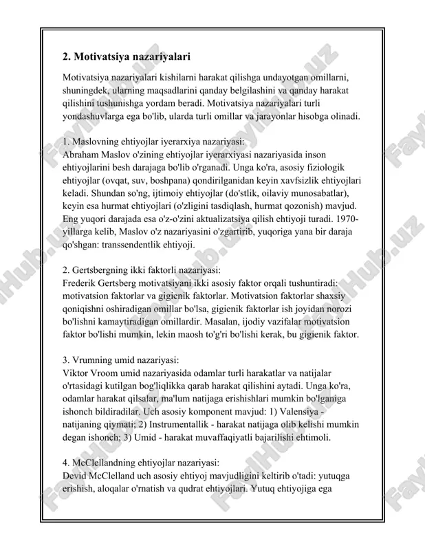 ra, yuqori samarali rahbarlar tashkilot samaradorligini 15-20% oshirishi mumkin. bu raqam rahbarlarning tashkilot muvaffaqiyatiga ta'sirini ko'rsatadi. motivatsiya bo'yicha statistikalar: 1. **ishchi motivatsiyasi**: gallup'inning 2019 yildagi ishchilar motivatsiyasi bo‘yicha o‘tkazgan tadqiqotiga ko‘ra, amerikalik ishchilarning faqat 34% faol ravishda ishga kirishganligi aniqlangan, ya'ni faqat ularning uchdan bir qismi jismonan va aqliy jihatdan o'z ishlariga sodiqdir. 2. **motivatsiyaning samara berishi**: mckinsey & company tahlillariga ko‘ra, yaxshi motivatsiyalangan ishchi kuchi kompaniyaning ishlab chiqarish hajmini 44% gacha oshirishi mumkin. bu raqam motivatsiyaning qanchalik kuchli ta'sirga ega ekanligini ko'rsatadi. rahbarlik va motivatsiya o‘rtasidagi bog‘liqlik: - **demografik omillar**: korn ferry tomonidan o‘tkazilgan tadqiqotda aytilishicha, rahbarlik rolida ayol kishilar rahbarlaridan bo'lgan xodimlarning 66% motivatsiyalanganligini his qilishadi, erkak rahbarlarda esa bu ko'rsatkich 58% ni tashkil qiladi. - **rahbarning hissiy aql darajasi**: daniel goleman tadqiqotlari shuni ko'rsatdiki, rahbarning ehtiyojlarni tushunish va boshqarish qobiliyatlari, ularning hissiy aql ko'nikmalariga bog'liq ravishda, xodimlar motivatsiyasiga ijobiy ta'sir qilishi mumkin. rahbarlik uslublari va ularning motivatsiyaga …