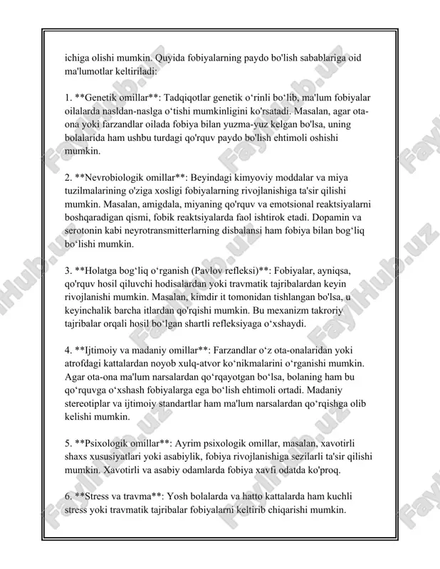 lariga qarshi sezgirligini oshirishi mumkin. masalan, 2008-yilda o'tkazilgan tadqiqotda amerika olimlari tomonidan asostilgan geokt (genni eksperimentlar orqali oliy kognitiv tajriba) dasturi turli xil fobiyalarga ega bo'lgan 5,000 dan ortiq odamning genlari ustida tekshirish olib bordi. ushbu tadqiqotning natijalari shuni ko'rsatadiki, 30-40% hollarda fobiyalarni boshdan kechirish omillari genetik komponentlar bilan bog'liq bo'lishi mumkin. bu degani, agar bir oila a'zolarida fobiya bo'lsa, boshqa a'zolari orasida ham uning rivojlanish ehtimoli ortishi mumkin. bundan tashqari, boshqa tadqiqotlarda aniqlangan "fobt1" geni qo'rquv va xavotir holatlari bilan bog'liq bo'ladi. xususan, bu genning bir variantiga ega bo'lgan odamlarda qo'rquvga qarshi kuchli javob berish ehtimoli yuqori hisoblanadi. ushbu gen asosan amigdala deb ataladigan miya maydonida faol bo'lib, bu joy xavf va tahdidni qayta ishlashda ishtirok etadi. shuningdek, 2015-yilda o'tkazilgan boshqa tadqiqot 6000 dan ortiq insonga asoslangan bo'lib, unda turli fobiya turlari va ular orasidagi genetik aloqalar o'rganildi. tadqiqot natijalariga ko'ra, ijtimoiy fobiyalar irsiylik darajasi taxminan 20-40% ni tashkil …