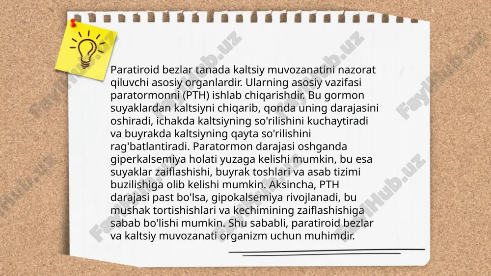 ay sindrom xavfini kamaytirish uchun ılımlı ovqatlanish, muntazam jismoniy faollik va tana vaznini nazorat qilish kabi choralar ko‘rilishi kerak. ... t.me/slaydai_bot 12. ekzokrin va endokrin faoliyat haqida. ekzokrin bezlar maxsus kanallar orqali tashqi yuzalar va ichki bo‘shliqlarga sekret ajratadi. misol uchun, ter bezlari va so‘lak bezlari ekzokrin hisoblanadi. ular organizmning ma'lum hududlariga ta'sir qiladi. endokrin bezlar esa gormonlarni bevosita qon aylanishiga ajratadi va ular butun tanaga ta'sir etadi. ushbu bezlar orasiga gipofiz, qalqonsimon bez, buyrak usti bezlari kiradi. endokrin tizim homeostaz, o‘sish, rivojlanish va metabolizmni boshqarishda muhim rol o‘ynaydi. ekzokrin va endokrin faoliyat birgalikda organizmning muvozanatini saqlashga yordam beradi. ... t.me/slaydai_bot 13. reproduktiv gormonlar reproduktiv gormonlar inson tanasida jinsiy tizim faoliyatini boshqaruvchi kimyoviy moddalar hisoblanadi. asosiy reproduktiv gormonlar erkaklarda testosteron, ayollarda esa estrogen va progesteron hisoblanadi. ushbu gormonlar jinsiy yetilish, hayz davri, homiladorlik va tug'ish jarayonlariga ta'sir ko'rsatadi. o'zbekiston aholisi orasida reproduktiv gormonlar darajasini o'rganish va nazorat qilish muhimdir. gormonlar …