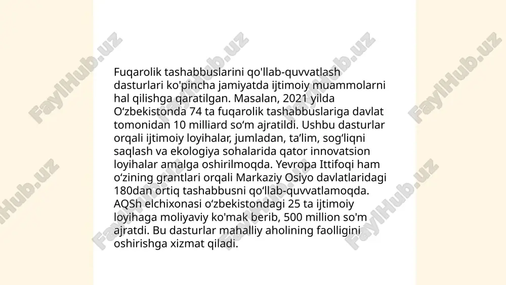 shdi. yoshlar kengashlari orqali 50 mingdan ortiq yosh o'z loyihalarini taqdim etdi. hukumatning qo'llab-quvvatlash dasturlari orqali 20 mingdan ortiq loyiha moliyaviy yordam oldi. shuningdek, yoshlarni siyosiy jarayonlar va mahalliy qaror qabul qilish tizimida ishtirok etishlari uchun 30 dan ortiq tashabbus yo'lga qo'yilgan. ushbu chora-tadbirlar yoshlarga o'z ovozlarini eshittirish va jamoatchilik hayotiga faol jalb bo'lish imkoniyatini beradi. ... t.me/slaydai_bot 12. fuqarolik jamiyatida gender tengligini ta'minlash maqsadida o'zbekistonda so'nggi yillarda bir qator islohotlar amalga oshirilmoqda. 2022-yilda qabul qilingan "gender tenglikni ta'minlash to'g'risida"gi qonun, jamiyatda erkaklar va ayollar o'rtasidagi teng huquqlilikni mustahkamlashga qaratilgan. o'zbekistonda ayollar ishga yollanishda 47% ni tashkil qiladi va rahbarlik lavozimlarida 25% ga yaqin ayollar faoliyat yuritmoqda. 2023-yilgacha ta'lim sohasida qizlar uchun imkoniyatlarni oshirish maqsadida 2000 dan ortiq stipendiyalar ajratilgan. ushbu chora-tadbirlar ayollarning jamiyatda faolligini oshirish, ularning huquq va manfaatlarini himoya qilishga qaratilgan. fuqarolik jamiyati institutlarini rivojlantirish hamda ularning ijtimoiy va siyosiy faolligini oshirishga qaratilgan kompleks chora-tadbirlar eshturdiyeva latofat e'tiboringiz …