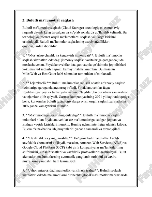 chiga oladi. adabiyotlarda aytilishicha, 2021-yilda iaas bozori o'sish sur'ati 27.5% ga yetgan va 80 milliard aqsh dollariga yaqin qiymatga ega bo'lgan. taniqli iaas provayderlari amazon web services (aws), microsoft azure va google cloud platformni o'z ichiga oladi. 2. **platform as a service (paas)**: paas tashkilotlar va dasturchilar uchun dasturlarni ishlab chiqish va keyinroq joylashtirish imkoniyatlarini taqdim etuvchi platformadir. bu xizmat dasturiy ta'minot ishlab rivojlantirish va sinov qilish uchun zarur bo'lgan vositalar va infrastrukturani taqdim etadi. paas xizmatlari global ravishda yillik 26% o'sish bilan 2020-yilda qariyb 60 milliard dollarga erishgan. microsoft azure app services, google app engine va heroku singari xizmatlar bu segmentda mashhur. 3. **software as a service (saas)**: saas xizmatlari foydalanuvchilarga dasturiy ta'minotdan internet orqali foydalanish imkoniyatini beradi. bu turdagi xizmatlarga kirish uchun foydalanuvchilar ko'pincha obuna bo'lish yoki bir martalik to'lovni amalga oshirishlari kerak. saas bozori 2022-yilda 145 milliard dollar qiymatida baholangani va 2023-yilda 20% ko'proq o'sish kutilgani aytilmoqda. …