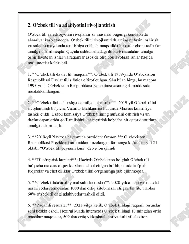 ndan tashqari, 2023 yilgacha 500 dan ortiq elektron darsliklar ishlab chiqildi va axborot texnologiyalari yordamida ta’lim olish imkoniyatlari kengaytirildi. albatta, bu tadbirlar nafaqat milliy ruhiyatni yuksaltirishga qaratilgan, balki xalqaro hamkorlikni rivojlantirishga ham xizmat qiladi. misol uchun, 2021 yilda toshkentda xalqaro ma’naviyat va ma’rifat konferensiyasi o'tkazildi. ushbu konferensiyada 30 dan ortiq mamlakatlardan 200 ga yaqin mutaxassislar ishtirok etdi. ma'naviyat va ma'rifat tadbirlarining o‘sishida ommaviy axborot vositalari, xususan, davlat televideniyesi va radio kanallari muhim rol o‘ynaydi. har yili ular orqali ma'naviy-ma'rifiy mavzularni qamrab oluvchi 10 mingdan ortiq tele-radio dasturlar e’lon qilinadi. shu kunga qadar mamlakat bo‘ylab 5 mingdan ortiq ma’naviyat va ma’rifat burchaklari tashkil etilgan bo‘lib, ular jamiyat a’zolarini, ayniqsa, yoshlarni milliy qadriyatlar va tarixiy xotira bilan tanishtirishga qaratilgan. 2023 yilning birinchi yarmida bu burchaklarga 1 milliondan ortiq odam tashrif buyurgan. ma'naviyat va ma'rifat tadbirlarining barchasi xalqning ma’naviy hayotini boyitish, jamiyatda tinchlik va barqarorlikni mustahkamlash, hamda kelajak avlodlar uchun yetuk ma’naviy-axloqiy muhit …