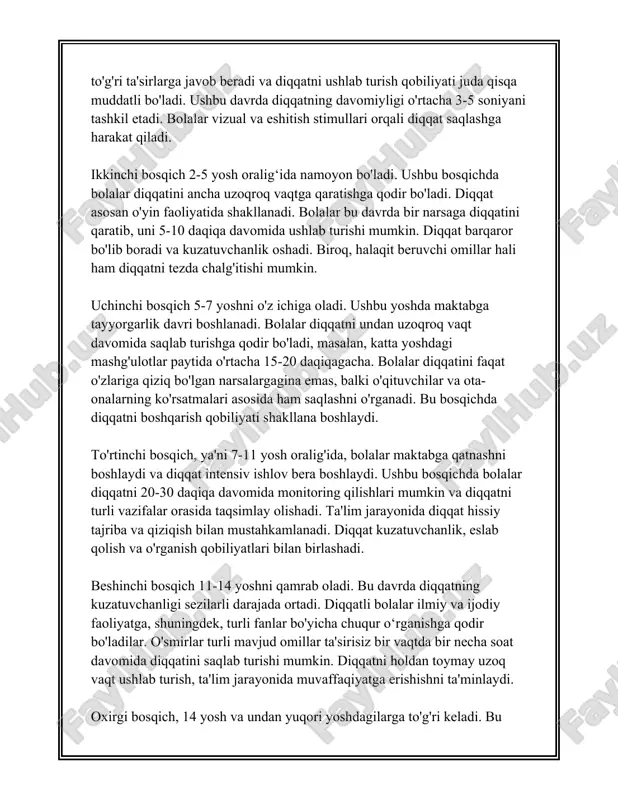 insonning jismoniy va ruhiy energiyasini ko‘proq sarflanishiga sabab bo‘ladi. 2. **ixtiyorsiz diqqat**: bu turdagi diqqat, ongli ravishda boshqarilmaydigan, tabiiy ravishda ma'lum bir stimuluslarga javoban paydo bo‘ladi. ixtiyorsiz diqqatning asosiy xususiyatlaridan biri shundaki, yalt etgan nur, baland tovush yoki o‘zgaruvchan muhitga duch kelganda avtomatik ravishda namoyon bo‘ladi. ixtiyorsiz diqqat evolyutsion jarayon natijasida insonlarning omon qolishiga yordam beruvchi mexanizm sifatida rivojlangan. bu turdagi diqqatning eng keng tarqalgan sabablari orasida qiziqarli hodisalar, yangi va noodatiy voqealar kiradi. 3. **postixtiyoriy diqqat**: bu turdagi diqqat dastlab ixtiyoriy xarakterga ega bo‘lib, keyinchalik kishining qiziqishi tufayli avtomatik tarzda davom ettiriladi. postixtiyoriy diqqat insonning qiziqishlari va ehtiyojlari bilan chambarchas bog‘liq bo‘ladi. ushbu diqqat turi ixtiyoriy diqqat bilan boshlanib, keyinchalik qiziqarli va jalb qiluvchi faoliyat tufayli ixtiyorsiz holatga aylanadi. bu diqqatning mustahkamlanishi, odatda, kontekstning qiziqarli yoki motivatsion qiymatiga bog‘liq bo‘ladi. diqqatning yuqoridagi turlaridan tashqari, quyidagi xususiyatlari ham muhimdir: - **barqarorlik**: diqqatning muayyan narsa yoki hodisaga uzoq vaqt davom etadigan …
