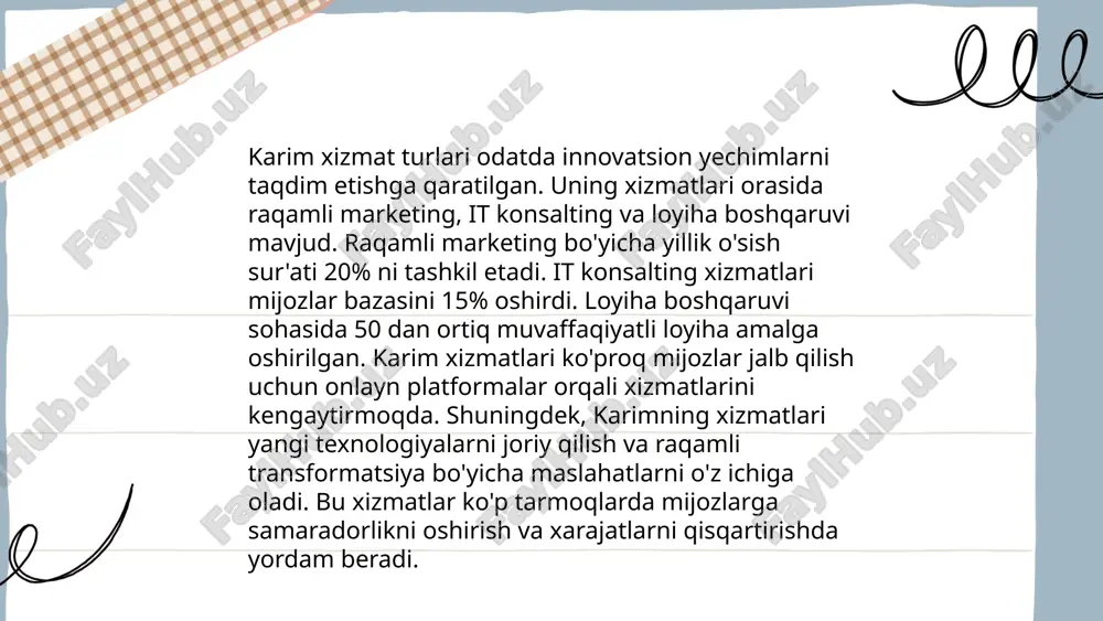 'i raqamli savodxonlik darajasining pastligi sababli elektron xizmatlardan foydalana olmaydi. bundan tashqari, kiberxavfsizlik masalalari ham muhimdir. hukumat tashkilotlarining 40% atrofida kiberhujumlarga qarshi zaifdir. bu muammolarni hal qilish uchun raqamli infratuzilmani kengaytirish va aholining raqamli mahoratini oshirish talab qilinadi. ... t.me/slaydai_bot elektron davlat xizmatlari platformalari o'zbekistonda davlat xizmatlarini raqamlashtirishni maqsad qilgan tizimlardir. 2023-yilda, 400 dan ortiq davlat xizmati onlayn shaklda taqdim etildi. ular orqali fuqarolar 24/7 ma'lumot olishlari va 70% arizalarni elektron tarzda yuborishlari mumkin. platformalarning joriy etilishi budjet xarajatlarini 30% gacha kamaytirishga yordam berdi. 10 milliondan ziyod fuqaro elektron davlat xizmatlaridan foydalangan. elektron hukumat rivojlanishi o‘zbekistonni jahon bankining ehukumat reytingida 193 mamlakat orasida 87-o‘ringa olib chiqdi. bu platformalar nafaqat vaqtni, balki fuqarolarning resurslarini ham tejashga imkon beradi. ... t.me/slaydai_bot 13. elektron hukumat tizimlarining samaradorligi elektron hukumat tizimlari davlat xizmatlarini onlayn formatda amalga oshirish imkonini taqdim etadi, bu esa vaqt va resurslarni tejaydi. masalan, estoniyada elektron hukumat xizmatlari aholining 98% tomonidan …