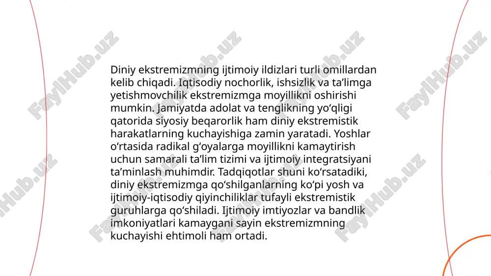 iyotkorlik kerak. ... t.me/slaydai_bot globalizatsiya jarayoni butun dunyo bo'ylab savdo, axborot almashinuvi va madaniy o'zgarishlarni tezlashtirib, diniy ekstremizmning yoyilishiga sabab bo'lishi mumkin. birlashgan millatlar tashkiloti ma'lumotlariga ko'ra, 2019-yilda diniy ekstremistik harakatlar 70 dan ortiq mamlakatda kuzatilgan. internet orqali ekstremistik kontent tarqalishi va global miqyosda aloqalar osonlashgani sababli 2000-yildan beri ekstremistik tashkilotlar soni sezilarli darajada oshdi. dunyo bo'ylab yuzaga kelgan ekstrimistlar tomonidan uyushtirilgan hujumlar soni 2010-yillarda ko'paydi, shu jumladan 2014-yilda 13 500 dan ortiq hujum amalga oshirilgan. bu jarayonlar natijasida davlatlar o'rtasidagi xavfsizlik choralari kuchaytirilmokda. ... t.me/slaydai_bot diniy ziddiyatlarning tarixiy sabablari turli omillar bilan bog‘liq. milodiy i asrdan boshlab, rim imperiyasi va nasroniylik o‘rtasidagi ziddiyatlar bu dinning taqiqlanishi bilan bog‘liq edi. 1054-yildagi buyuk ajralish — sharqiy pravoslav va g‘arbiy katolik cherkovlari ajralishi — ham mojarolarni keltirib chiqardi. 600-700-yillarda islomning tez tarqalishi ham mahalliy dinoatlar bilan qarama-qarshiliklarni yuzaga keltirdi. 1096-1291-yillardagi salib yurishlari xristian va musulmonlar o‘rtasidagi ziddiyatlarni kuchaytirdi. 16-asrdagi reformatsiya esa katolik …