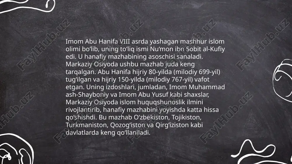 s fanlariga ulkan hissa qo'shgan. 9-12-asrlarda buxoro va samarqand ilmiy markaz sifatida rivojlangan. bu davrda abu hanifa, al-termiziy, al-buxoriy kabi ulug' allomalar yashab, ijod qilishgan. ulama jamiyatda ma'naviy liderlar sifatida faoliyat yuritib, ta'lim-tarbiyaga katta e'tibor qaratishgan. 20-asr boshlarida esa islohotchilar harakati paydo bo'ldi, bu davr ulama jamiyatdagi o'zgarishlarga javob berishga intilgan. bugungi kunda ham ulama madaniy va ma'naviy merosni saqlash orqali ijtimoiy rivojlanishga hissa qo'shib kelmoqda. hanafiy mazhabi rivojida markaziy osiyo faqihlarining roli va hissasi. norboboyeva mahliyo e'tiboringiz uchun raxmat! image1.png image2.png image3.png image4.jfif image5.png image6.jfif image7.jfif image8.jfif