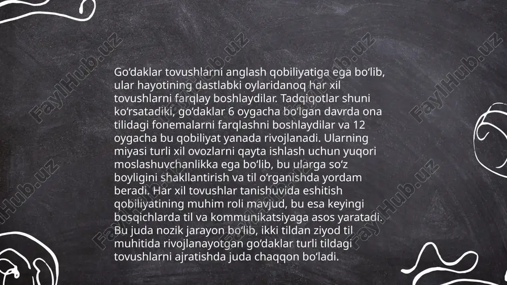 -60 daqiqa o‘qish, qo‘shiqlar aytish va muloqot qilish tavsiya etiladi. muloqot yolg‘iz so‘zlash bilan cheklanmasdan, yuz ifodalari va tana tilidan foydalanish ham muhimdir. bu usullar bolalarning kommunikativ ko‘nikmalarini oshirishga yordam beradi. ... t.me/slaydai_bot 12. oila a’zolari nutqdagi roli mavzusida oila a’zolarining muloqotdagi ishtiroki muhim hisoblanadi. oila a’zolari o‘rtasidagi muloqot asosan intim va shaxsiy bo‘lib, u insonlar orasidagi bog‘lanishni mustahkamlaydi. tadqiqotlar ko‘rsatadiki, oilada har bir a’zoning nutqi oila ichidagi muhit va munosabatlar rivojiga ta’sir qiladi. masalan, ota-onalar o‘z farzandlari bilan muntazam muloqot qilib, ularning so‘zlashuv qobiliyatini oshirishlari mumkin. statsistik ma’lumotlarga ko‘ra, oilada to‘g‘ri va ochiq muloqot o‘zaro tushunishni 70% ga yaxshilaydi. natijada, oila ichidagi nutq madaniyati va sifatli muloqot oila farovonligi va mustahkamligiga xizmat qiladi. ... t.me/slaydai_bot 13. go‘daklik davrida eshitish va tushunish go‘daklik davrida eshitish va tushunish qobiliyati bolaning rivojlanishi uchun juda muhimdir. dastlabki 3 oyda chaqaloqlar tovushlarga javob qaytara boshlaydilar. 6 oylikda esa ular turli tovushlarni ajrata olishadi va …