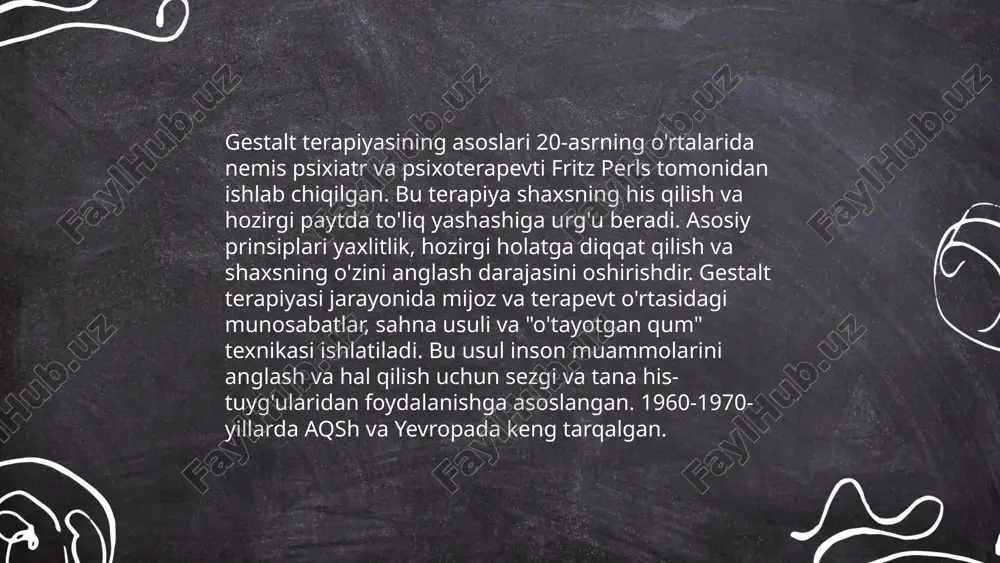 rajatlarni oshiradi. davolash va profilaktika tadbirlari bu ta'sirlarni kamaytirishga qaratilgan bo'lib, manbalarni to'g'ri yo'naltirishni talab qiladi. ... t.me/slaydai_bot depressiya va do'stlik munosabatlari ko'pincha bir-biriga ta'sir ko'rsatadi. tadqiqotlarga ko'ra, depressiyada bo'lgan odamlarning taxminan 20-30 foizi do'stlaridan kamroq qo'llab-quvvatlashni his qiladi. do'stlar bilan mustahkam munosabatlar esa depressiya xavfini sezilarli darajada kamaytirishi mumkin. yaqin do'stlik rishtalari, insonning stressni boshqarish qobiliyatini oshirib, ijtimoiy qo'llab-quvvatlash tizimi sifatida xizmat qiladi. shuningdek, ko'pchilik do'stlarining qo'llab-quvvatlashi bilan depressiyani engillashtiradi. depressiyaga chalinganlar katta ijtimoiy tarmoqqa ega bo'lsa, ular yaxshi ruhiy holatni saqlashga harakat qilishadi. shu sababli, do'stlik nafaqat ruhiy salomatlikni, balki umumiy hayot sifatini ham yaxshilaydi. ... t.me/slaydai_bot 13. gestalt psixologiyasi va emosional intellekt gestalt psixologiyasi psixologiya yo‘nalishlaridan biri bo‘lib, u insonga butun va bir butun sifatida qaraydi, individual komponentlardan ko‘ra butunlikni tushunishga e'tibor beradi. bu psixologiya yo‘nalishi 20-asr boshlarida rivojlangan. emosional intellekt esa, insonning o‘z emotsiyalarini va boshqalarning emotsiyalarini tushunish, idrok etish va boshqarish qobiliyatidir. emosional intellektning muhim …
