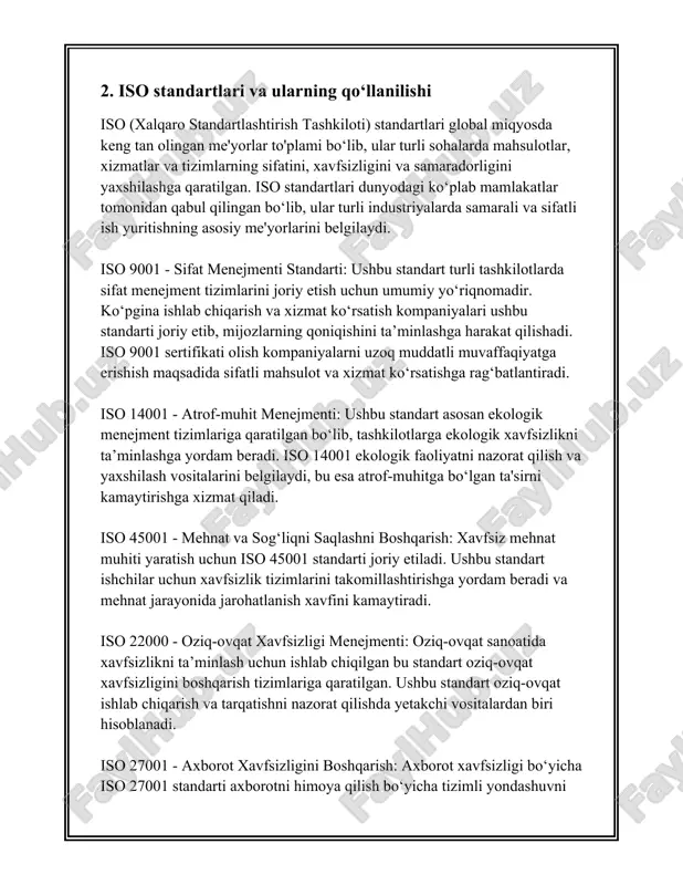 jiddiy yondashuvning o‘sayotganligini bildiradi. iso standartlari tashkilotlarning yanada yaxshi ishlashiga, mijozlar ehtiyojlariga mos keladigan mahsulotlar va xizmatlarni taqdim etishiga, hamda xatarlarni boshqarishga yordam beruvchi vositalar hisoblanadi. zamon talablariga mos keladigan va raqobatbardosh bo‘lishni maqsad qilgan har bir tashkilot ushbu standartlarni joriy etishni ko‘rib chiqishi lozim. iso standartlarining qo‘llanilishi vaqt va resurslarni tejash, jarayonlarni optimallashtirish va tashkilotlarning umumiy samaradorligini oshirish imkoniyatini taqdim etadi. 3. standartlashtirishning iqtisodiy ta’siri standartlashtirishning iqtisodiy ta’siri murakkab va ko‘p qirrali mavzu bo‘lib, u turli iqtisodiyot sohalarida ahamiyatlarga ega. standartlashtirish iqtisodiy rivojlanishni rag‘batlantirishi, mahsulot va xizmatlar sifatini yaxshilashi, ishlab chiqarishni tejashga yordam berishi va xalqaro savdoda raqobatbardoshlikni oshirishi mumkin. 1. **bozor kirish va raqobat**: standartlar ishlab chiqaruvchilarga xalqaro bozorlarga kirishda yordam beradi. 2009 yildagi xalqaro savdo bo‘yicha tadqiqotlar shuni ko‘rsatadiki, standartlar tufayli davlatlar orasida mahsulotlar almashinuvi 15% ga oshadi. tadqiqotlar germaniyaning eksporti uchun standartlashtirishning qiymatini yillik 16 milliard yevroga yetkazganini ko‘rsatadi. 2. **ishlab chiqarishda samaradorlik**: standartlarning joriy etilishi …