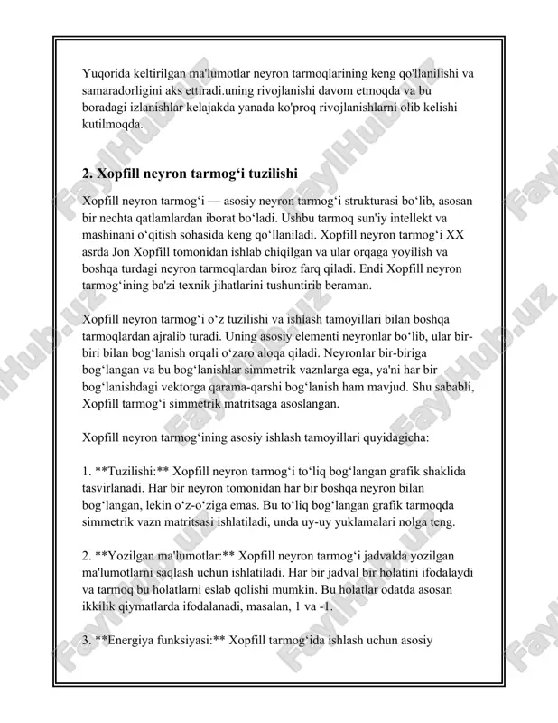atlari va texnik tavsifi — bu juda chuqur mavzu bo‘lib, uni tushunishda energiya funksiyalari va matematik modellarning roli muhim ahamiyatga ega. aniq ma'lumotlar va geometrik o‘lchovlar hozirda ushbu tarmoqlarni yanada samarali va keng qo‘llanishiga yordam bermoqda. 3. sinflashtirish algoritmlari asoslari 3. sinflashtirish algoritmlari - bu mashinani o'qitish va sun'iy intellekt sohasida muhim roldir. sinflashtirish algoritmlarining asoslari tushunchasiga kirish uchun, avvalo, sinflashtirishning o'zi nima ekanligini tushunish lozim. sinflashtirish algoritmlari yoki tasniflash algoritmlari ma'lumotlar to'plami ichidan sinf yoki kategoriya aniqlash vazifasini bajaradi. ushbu algoritmlar kirish ma'lumotlarini belgilangan sinflarga ajratadi. avvalo, sinflashtirish algoritmlari nazariy jihatdan uch turga bo'linishi mumkin: 1. **nazoratli o'qitish sinflashtirish algoritmlari** - bu algoritmlar mavjud ma'lumotlar asosida o'qitiladi, ya'ni ularga oldindan belgilangan sinf yorliqlari bilan ifodalangan o'quv ma'lumotlari beriladi. 2. **nazoratsiz o'qitish sinflashtirish algoritmlari** - bunda algoritmlar o'qitiladi, lekin ma'lumotlar uchun oldindan belgilangan sinf yorliqlari mavjud emas. 3. **yarim-nazoratli o'qitish sinflashtirish algoritmlari** - yani, o'quv ma'lumotlarining faqat qismi berilgan sinf …